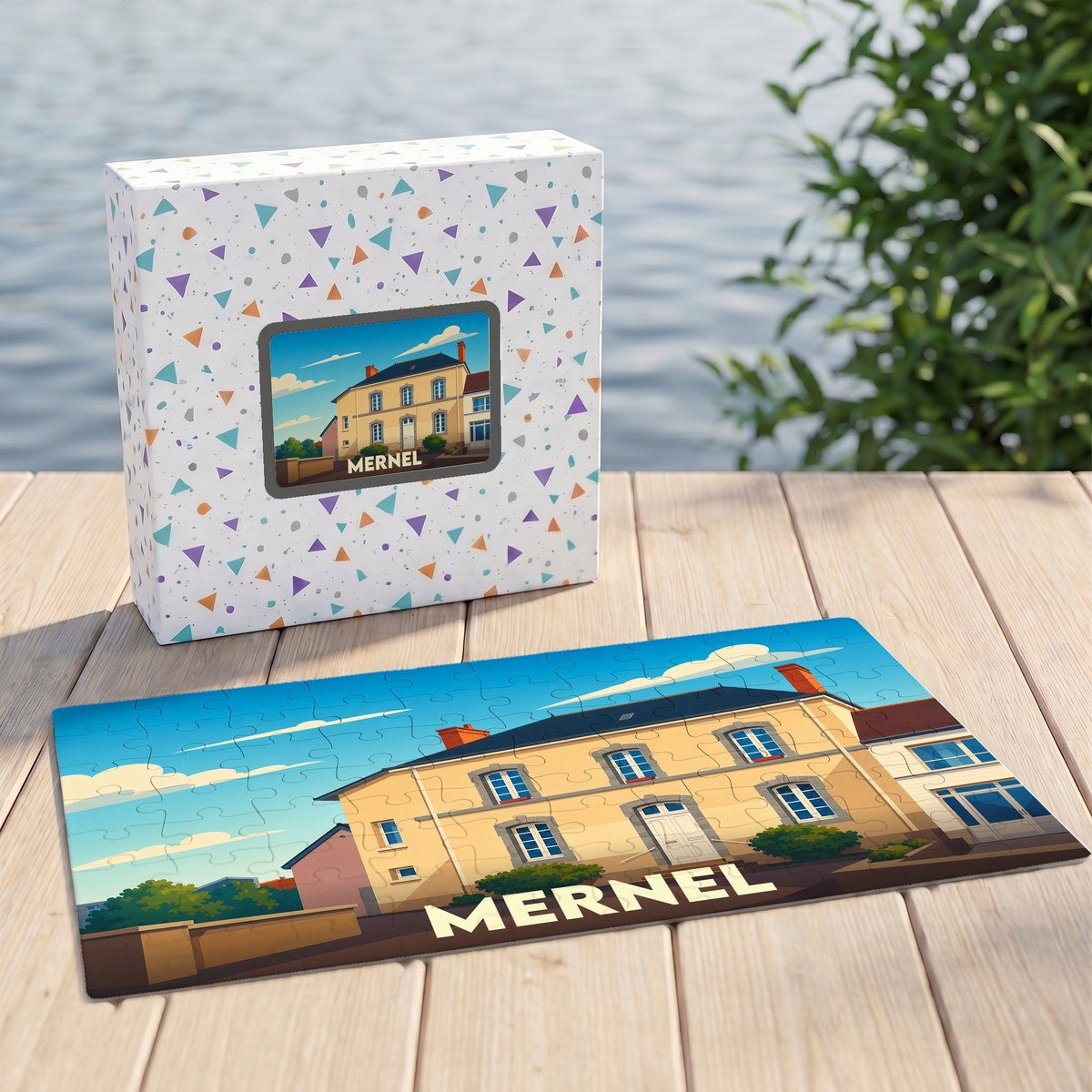 Puzzle souvenir de la ville de Mernel avec une illustration stylisée d'un bâtiment remarquable.