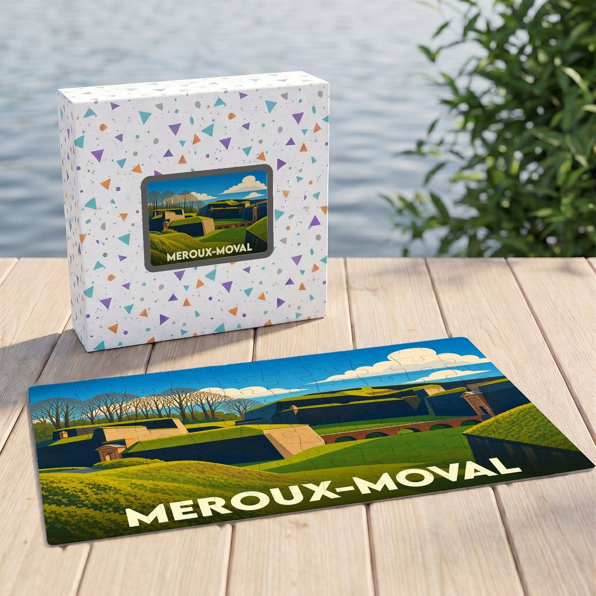 Puzzle souvenir de la ville de Meroux-Moval avec une illustration stylisée de son paysage fortifié.