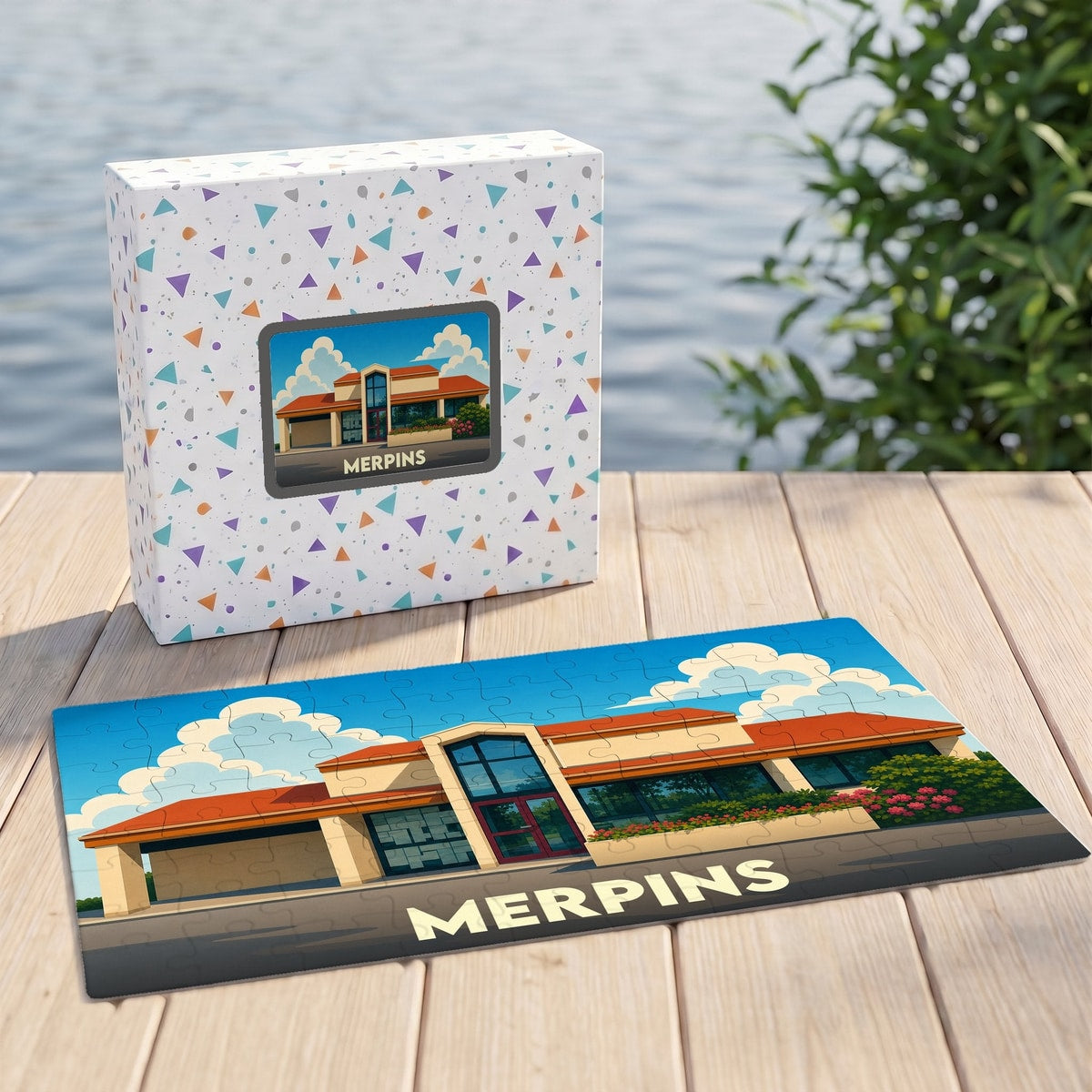 Puzzle souvenir de la ville de Merpins avec une illustration stylisée du bâtiment municipal.