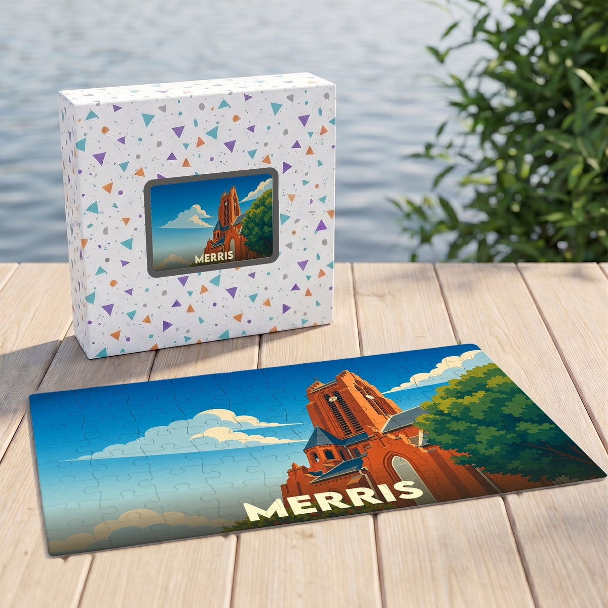 Puzzle souvenir de la ville de Merris avec une illustration stylisée de son église.