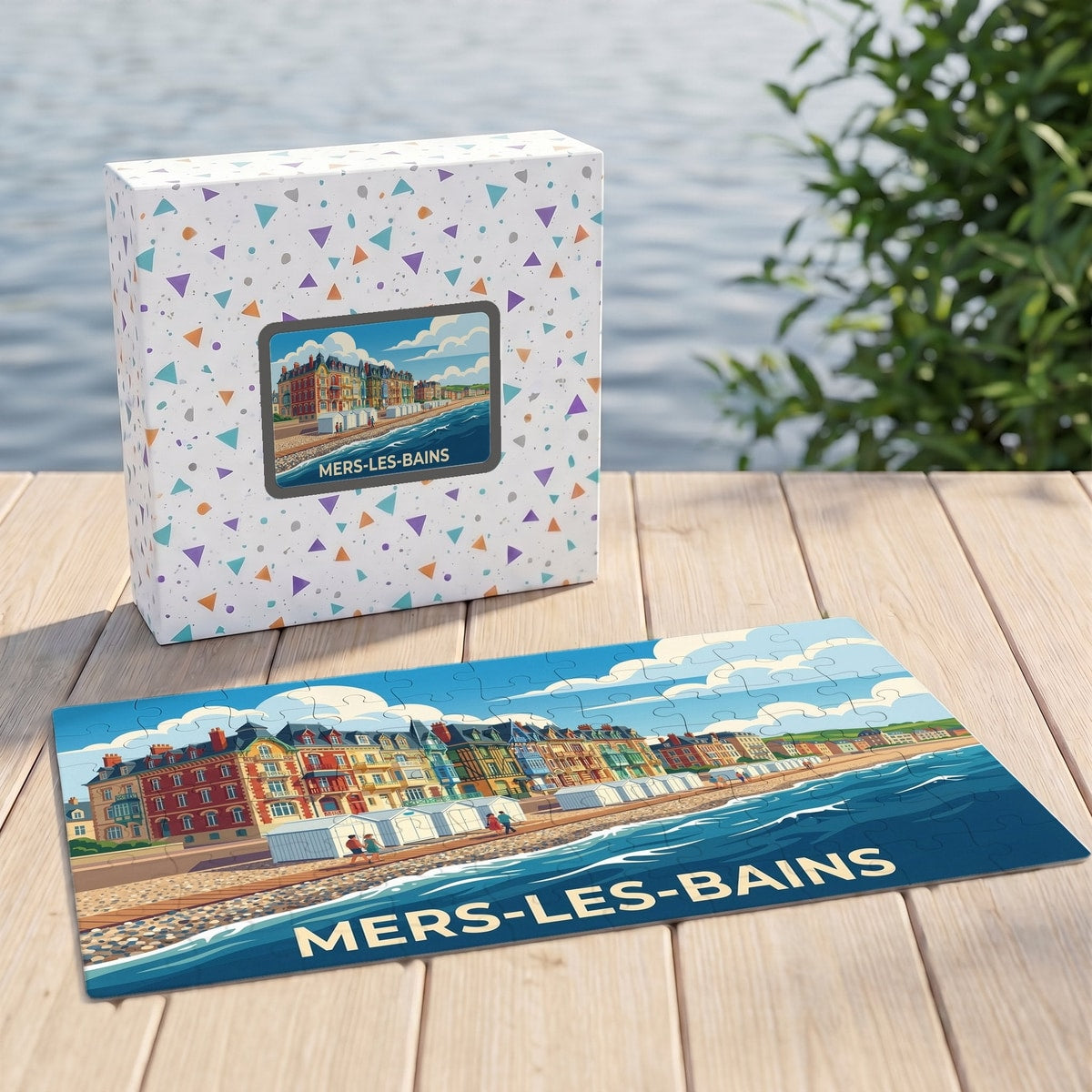 Puzzle souvenir de la ville de Mers-les-Bains représentant ses façades colorées et son front de mer.