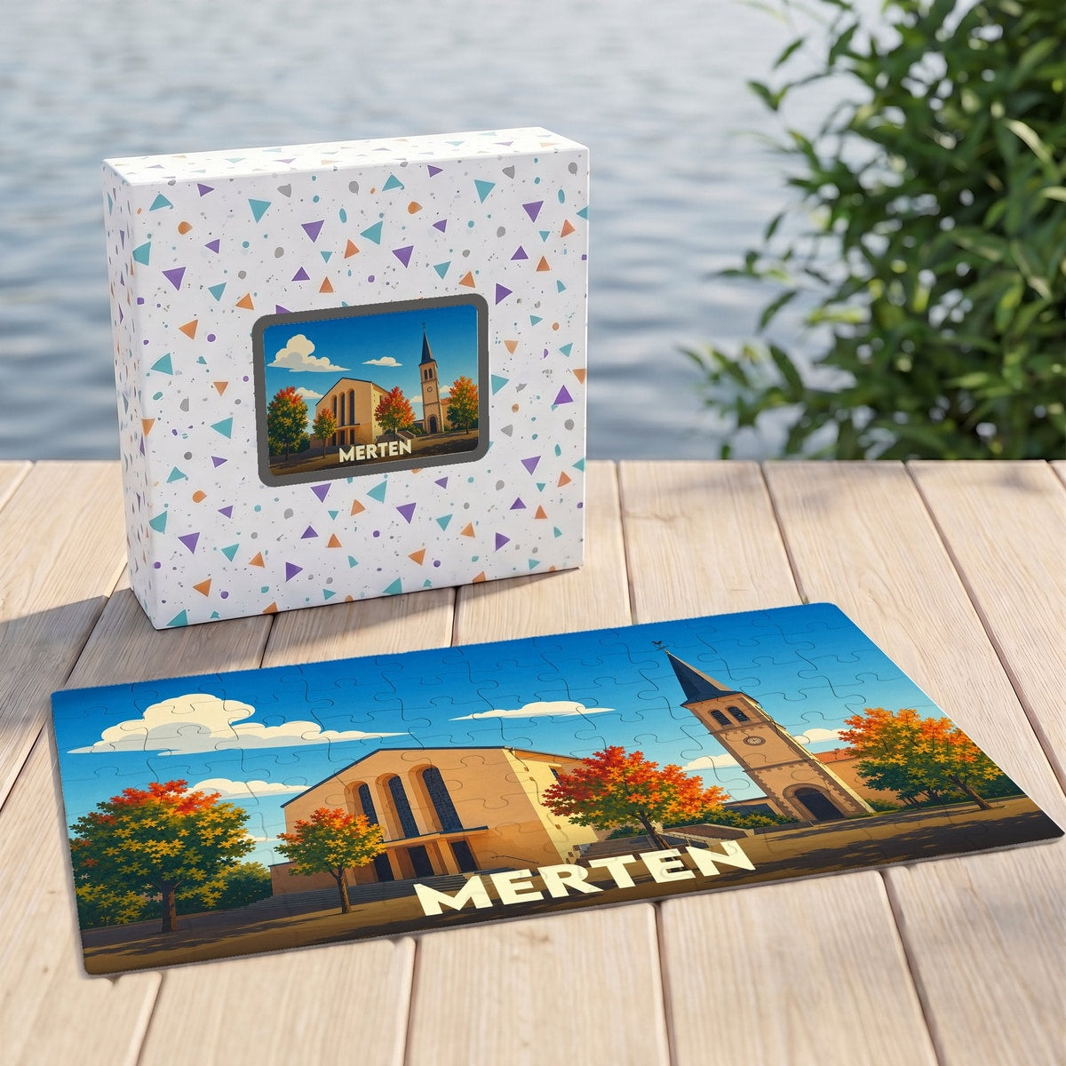 Puzzle souvenir de la ville de Merten avec une illustration stylisée d'une église sous un ciel bleu.