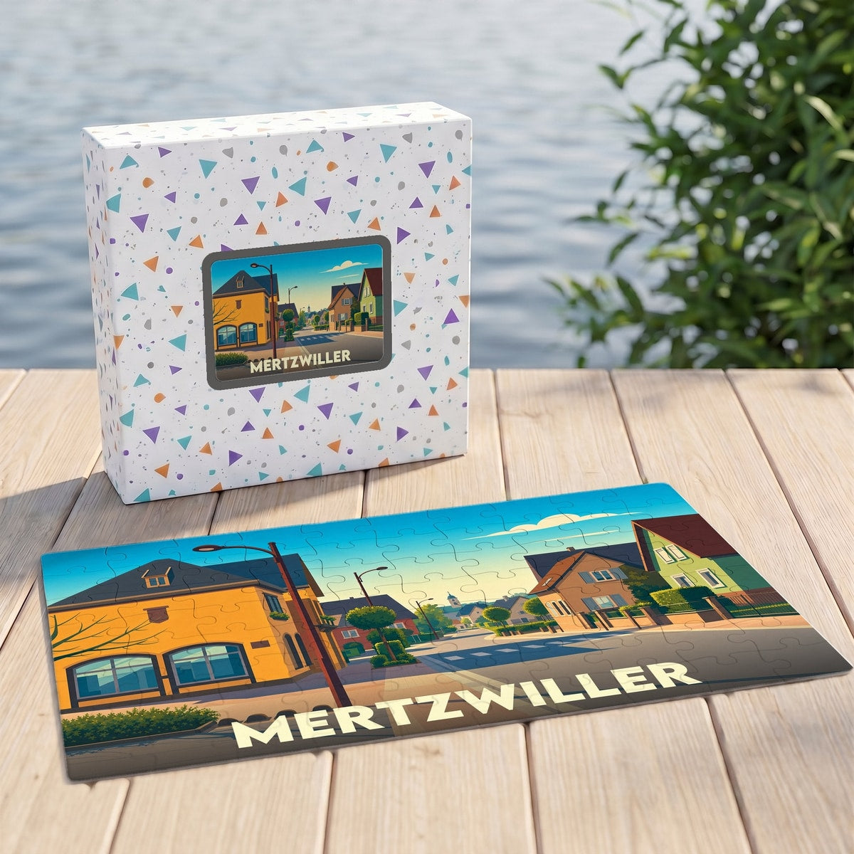Puzzle souvenir de la ville de Mertzwiller avec une illustration stylisée et sa boîte assortie.