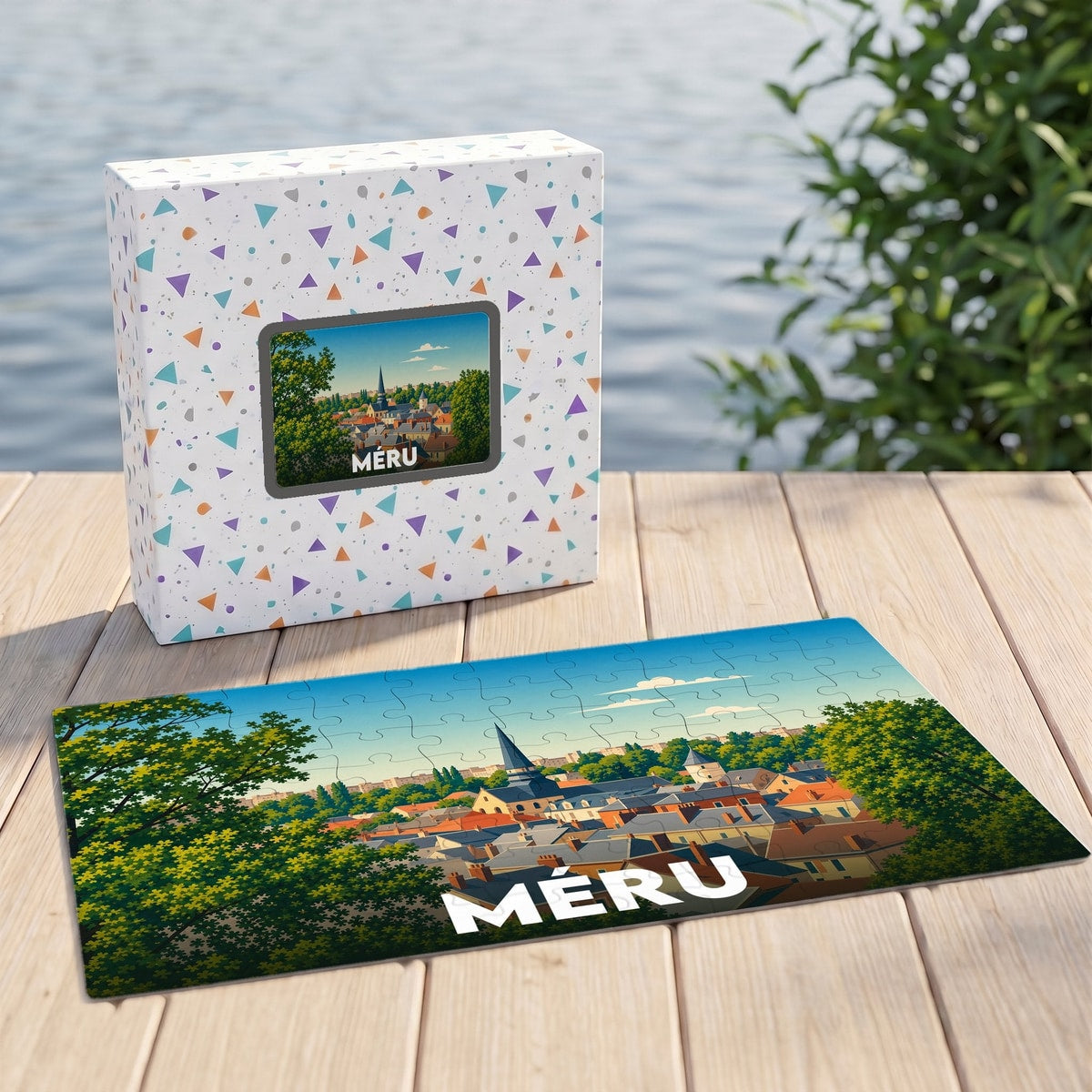 Puzzle souvenir de la ville de Méru avec une illustration stylisée des toits et du clocher.