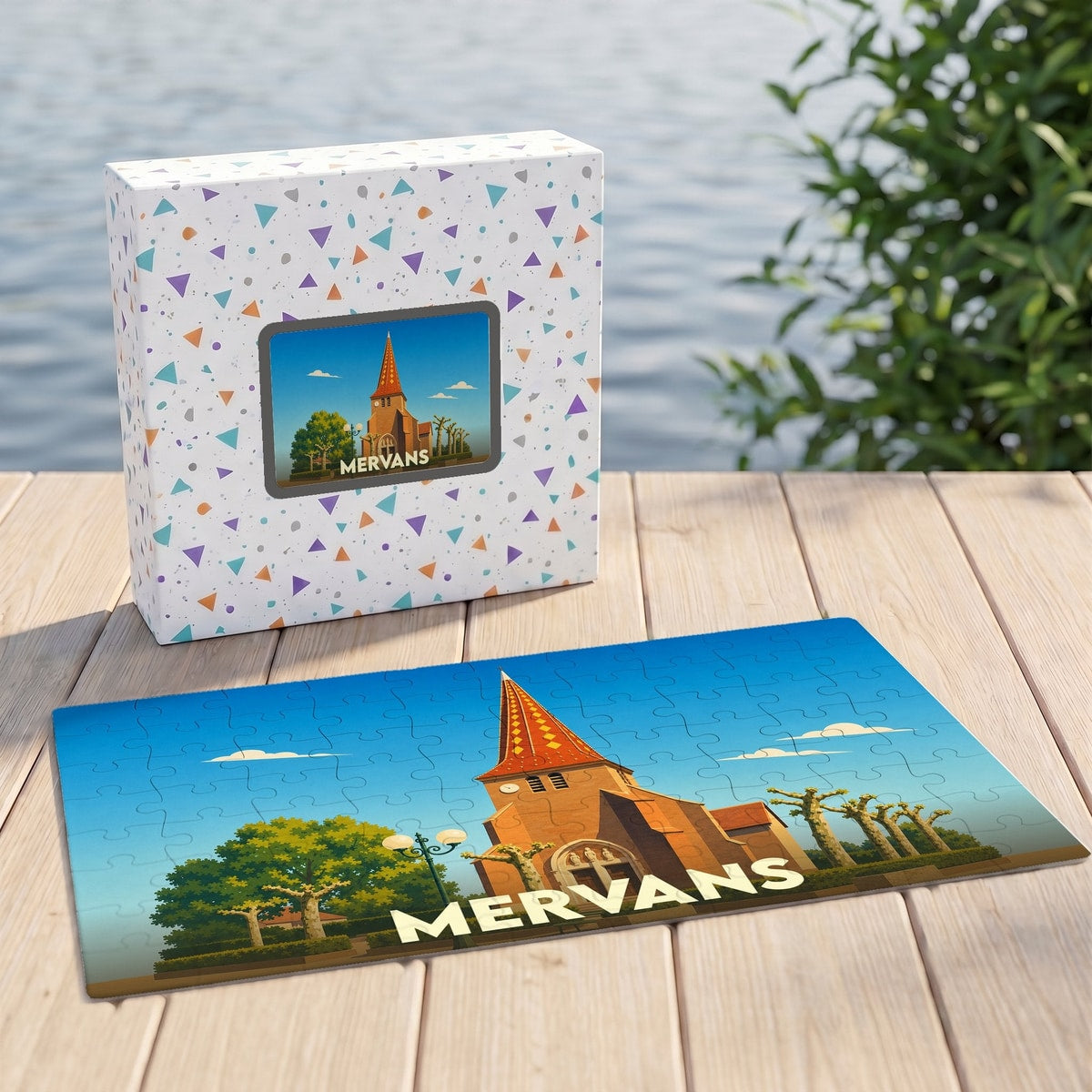 Puzzle souvenir de la ville de Mervans avec une illustration stylisée de son église.