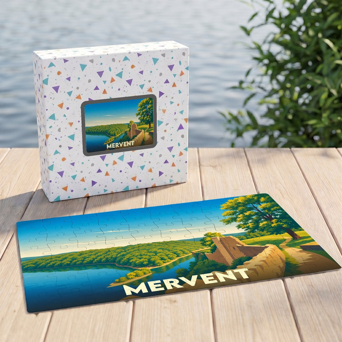Puzzle souvenir de la ville de Mervent présentant une illustration stylisée de son paysage et de ses remparts.