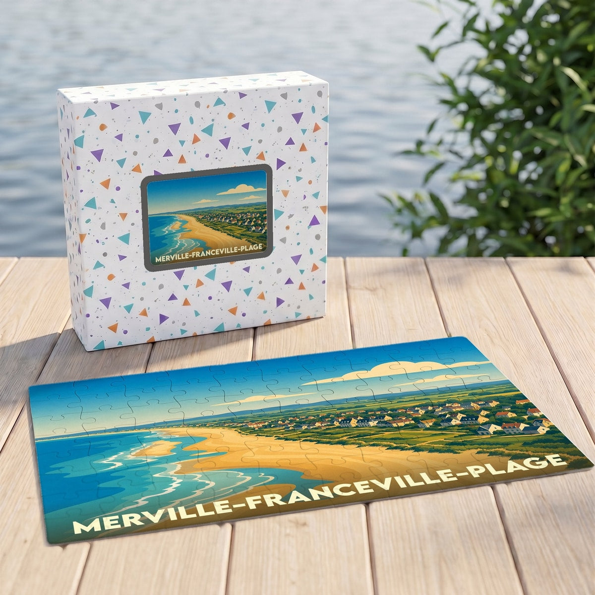 Puzzle souvenir de la ville de Merville-Franceville-Plage avec une illustration stylisée du bord de mer.
