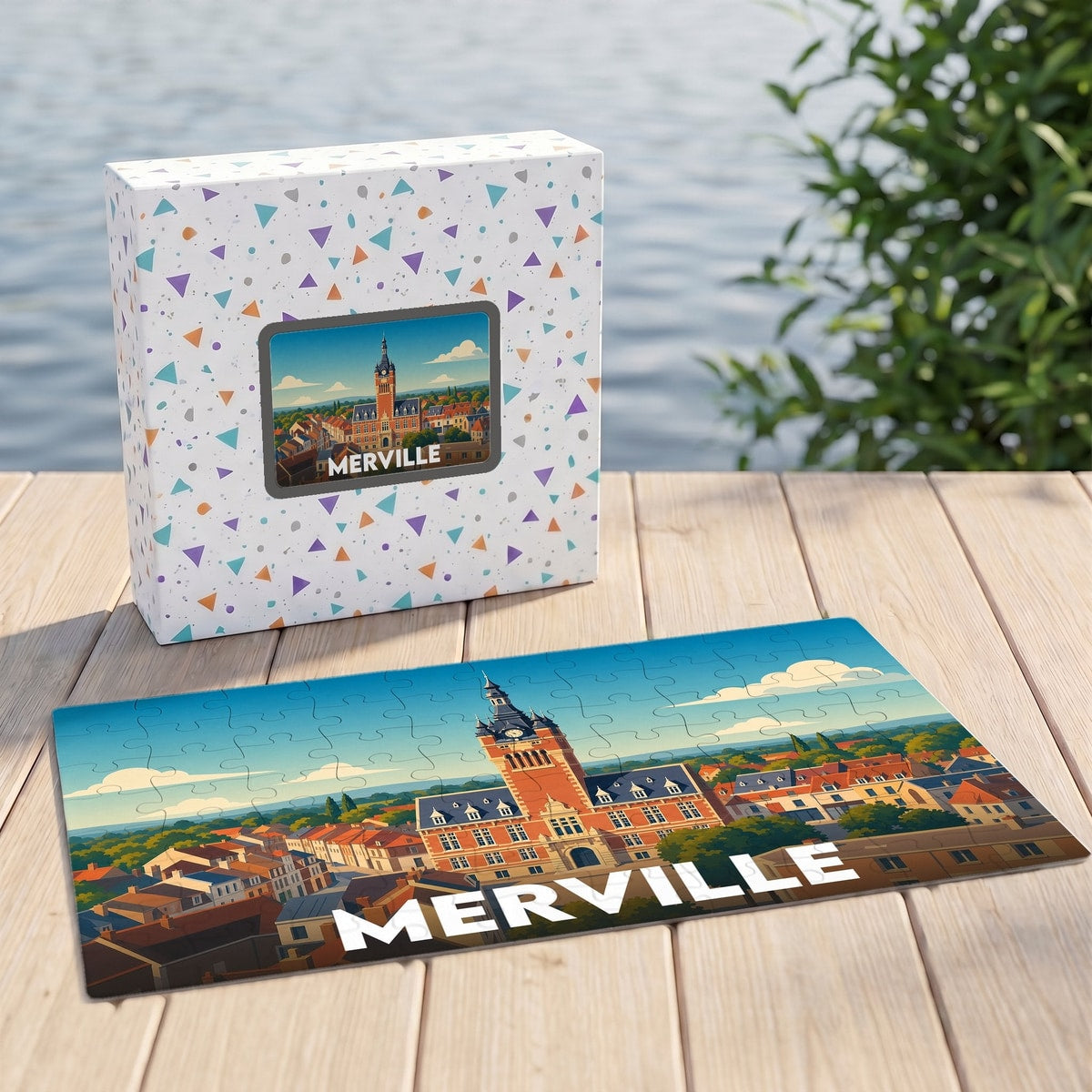 Puzzle souvenir de la ville de Merville avec une illustration stylisée de son hôtel de ville et de son beffroi.
