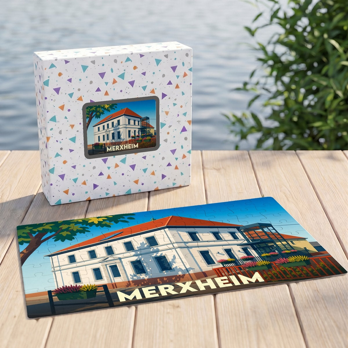 Puzzle souvenir de la ville de Merxheim avec une illustration stylisée de sa mairie.