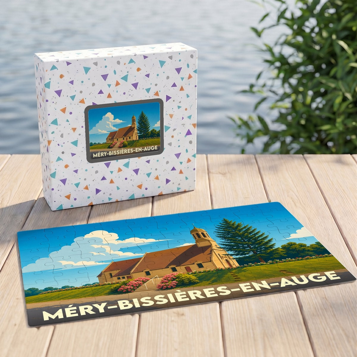 Puzzle souvenir de la ville de Méry-Bissières-en-Auge avec une illustration stylisée.