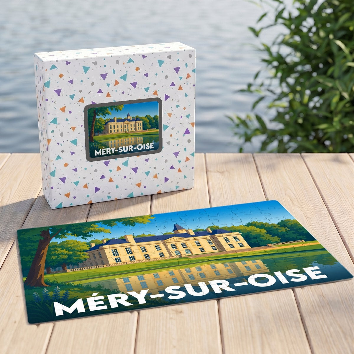 Puzzle souvenir de la ville de Méry-sur-Oise avec une illustration stylisée de son château.