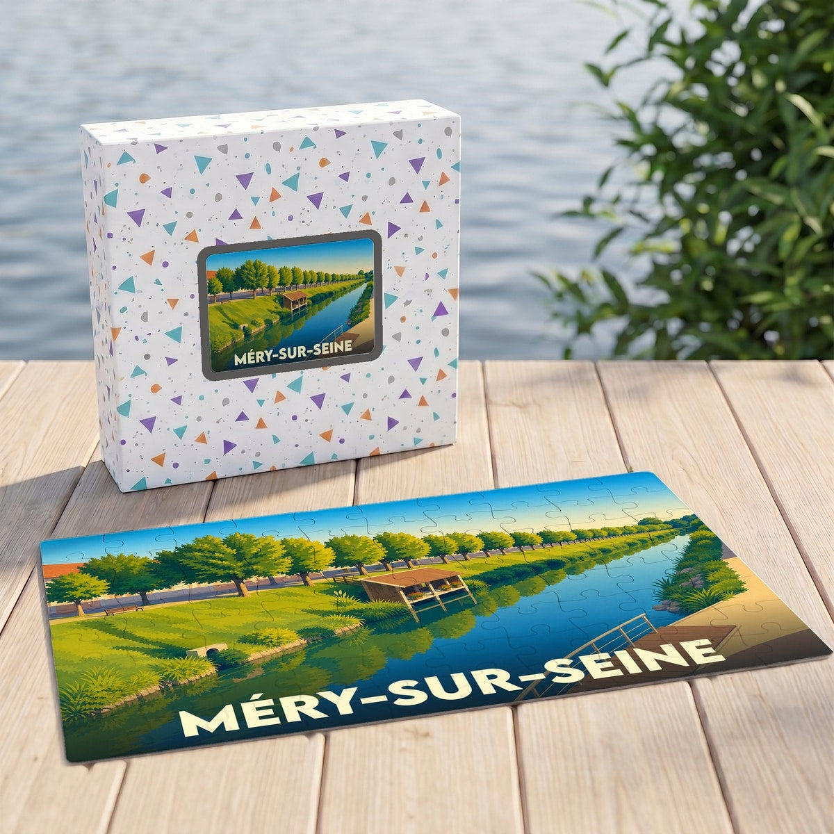 Puzzle souvenir de la ville de Méry-sur-Seine avec une illustration stylisée des bords du canal.