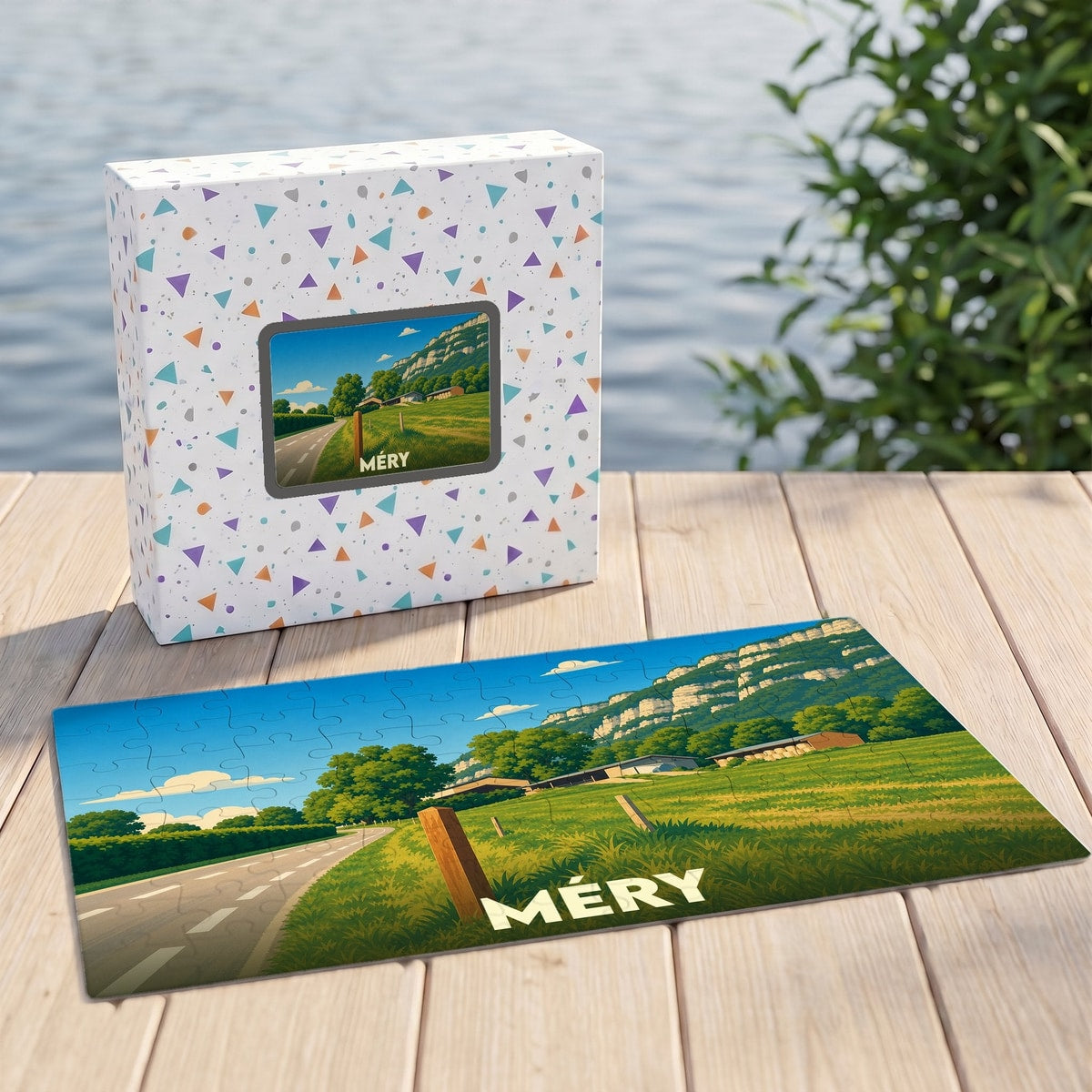 Puzzle souvenir de la ville de Méry représentant un paysage de campagne illustré avec des falaises.