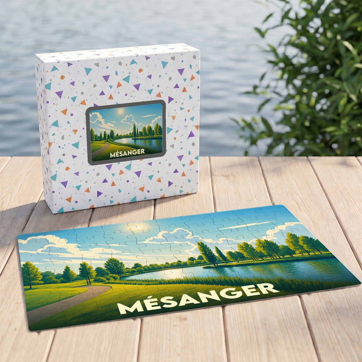 Puzzle souvenir de la ville de Mésanger illustrant un paysage de parc au bord de l'eau.