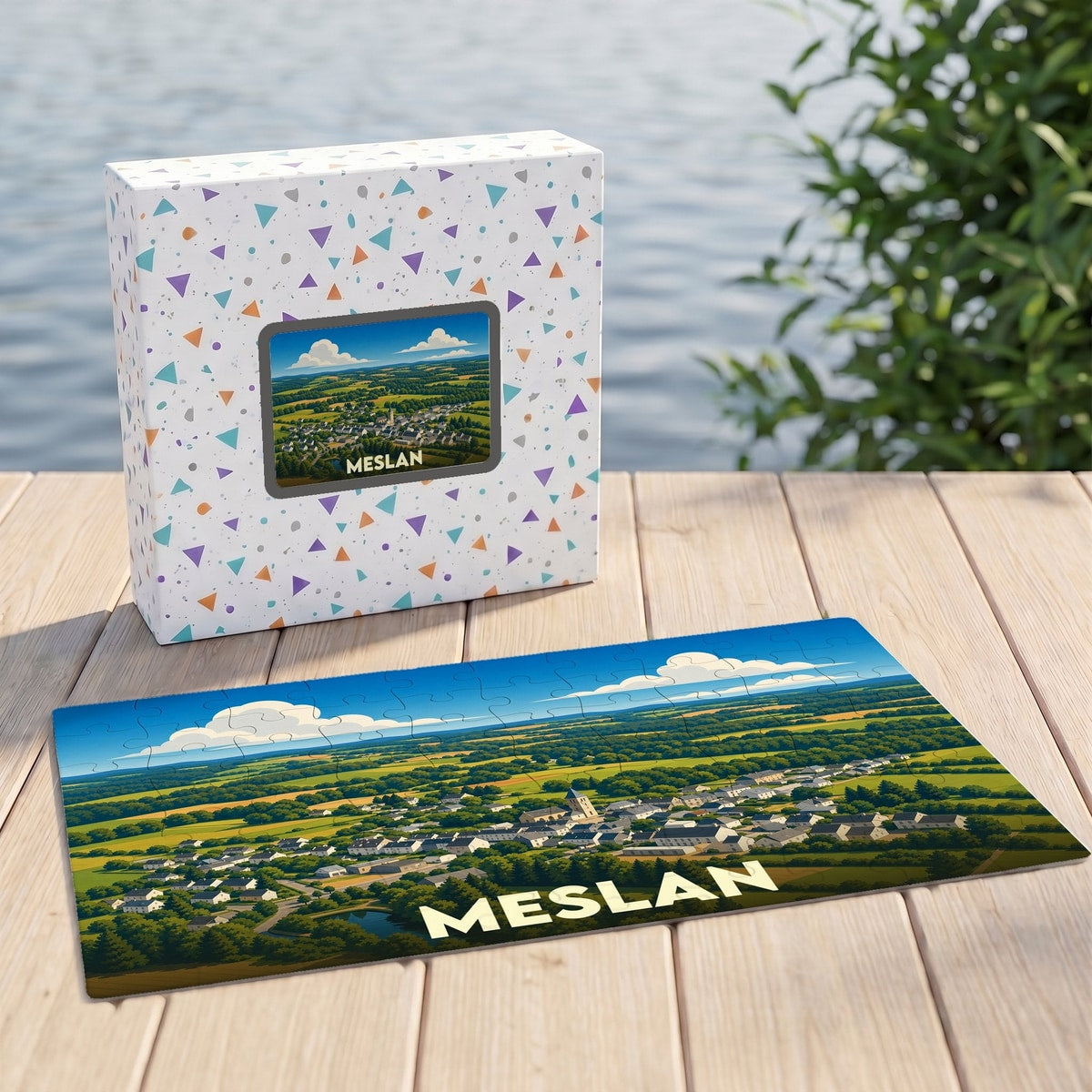 Puzzle souvenir de la ville de Meslan illustré par un paysage champêtre stylisé, présenté avec sa boîte assortie.