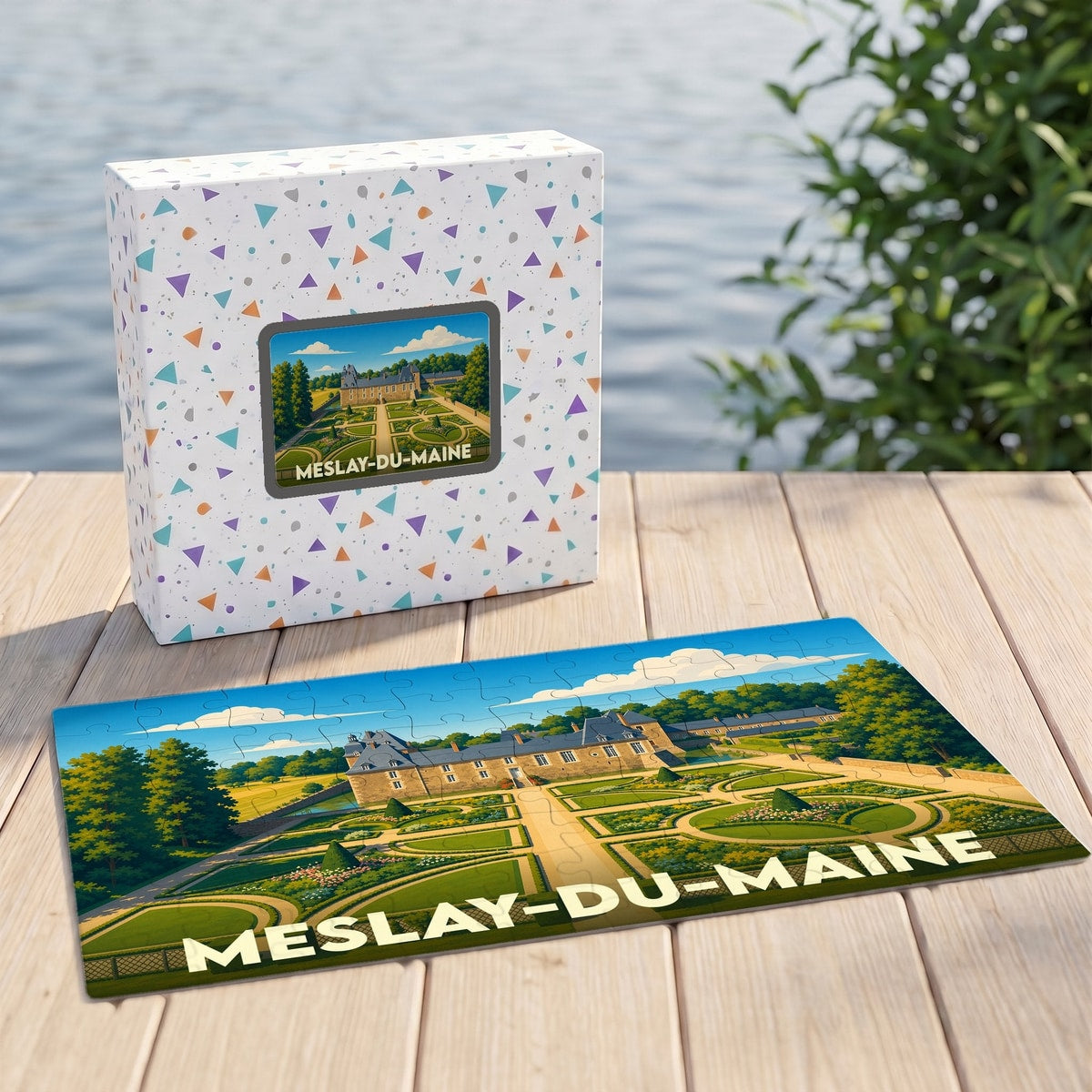Puzzle souvenir de la ville de Meslay-du-Maine avec une illustration stylisée de son château et de ses jardins.