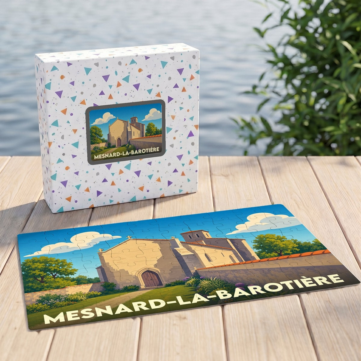 Puzzle souvenir de la commune de Mesnard-la-Barotière avec une illustration stylisée de son église ancienne.