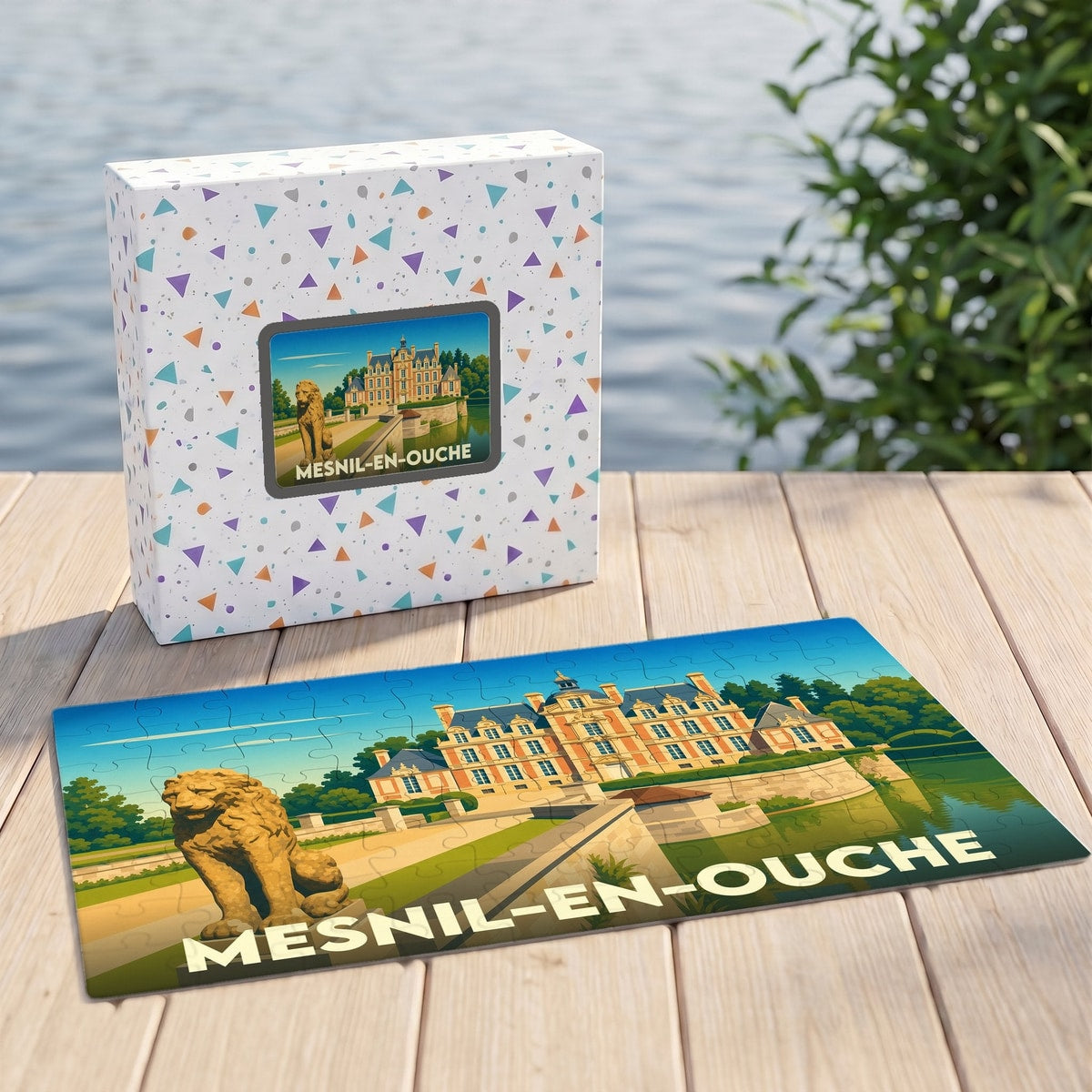 Puzzle souvenir de la ville de Mesnil-en-Ouche avec une illustration stylisée représentant un château et une statue de lion.