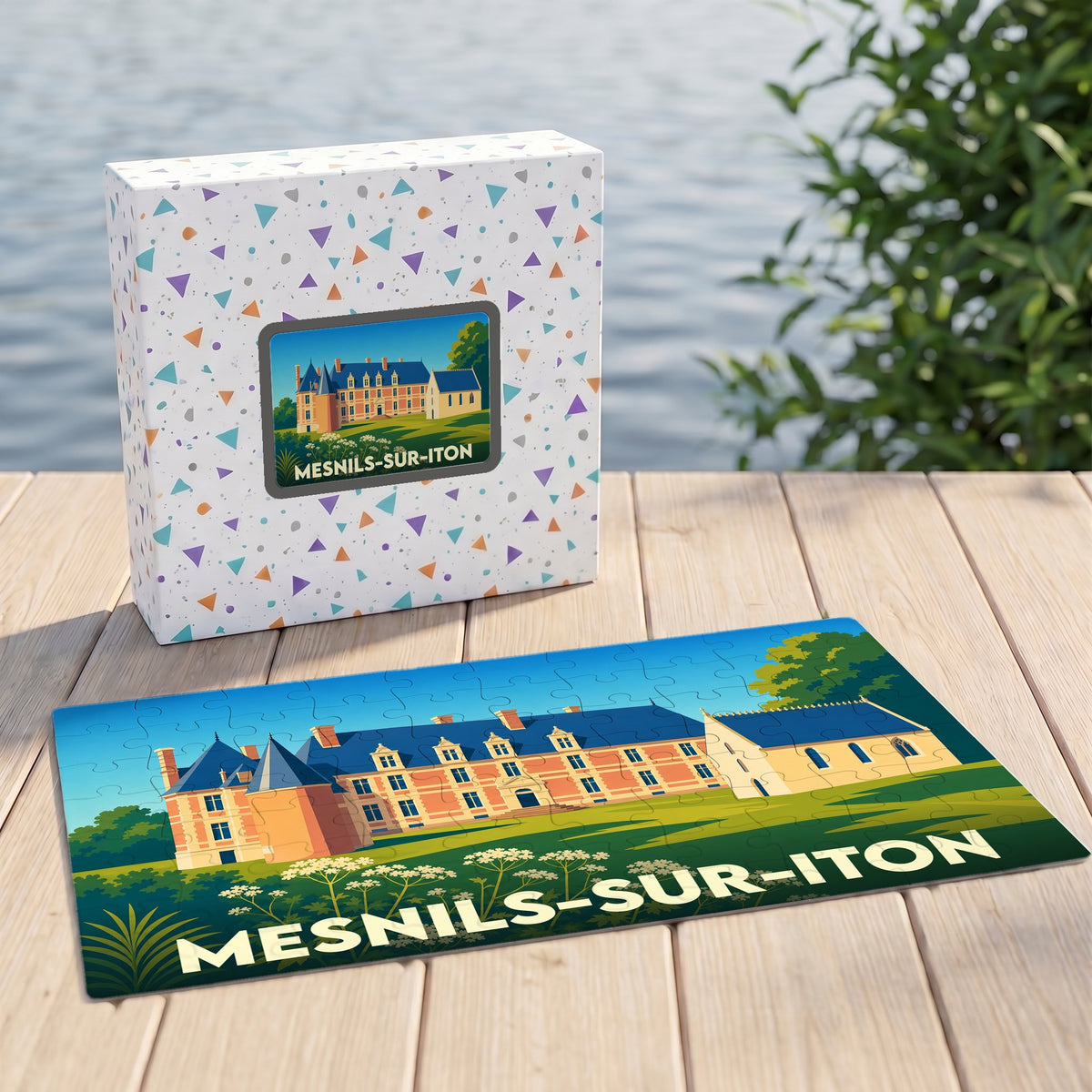 Puzzle souvenir de la commune de Mesnils-sur-Iton avec une illustration stylisée de son patrimoine.