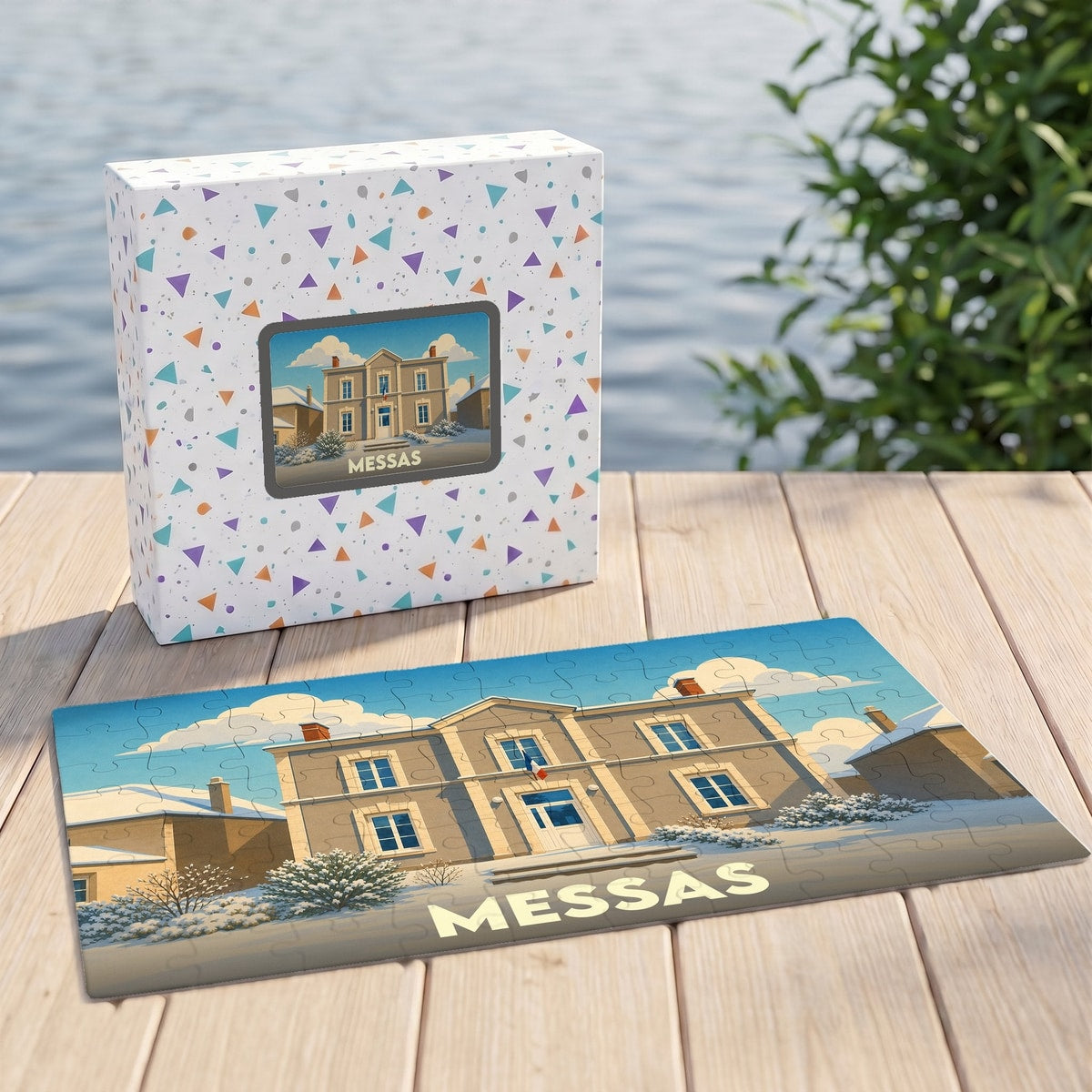 Puzzle souvenir de la ville de Messas avec une illustration stylisée d'un bâtiment sous la neige.