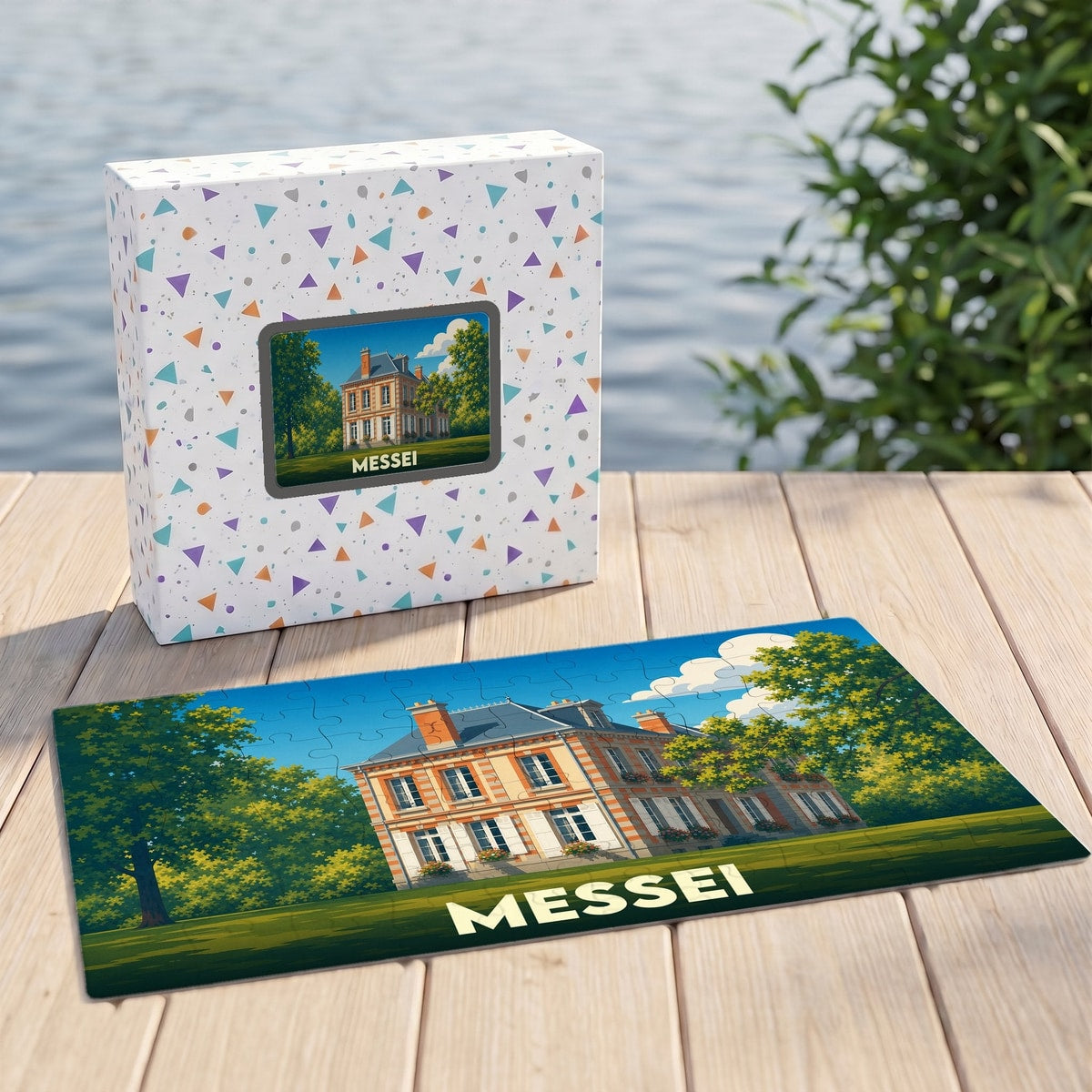 Puzzle souvenir de la ville de Messei illustrant un grand manoir entouré de verdure.