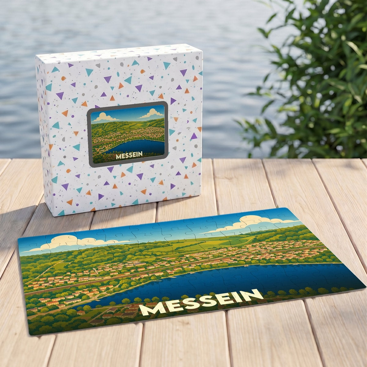 Puzzle souvenir de la ville de Messein avec une illustration stylisée d'un paysage lacustre.