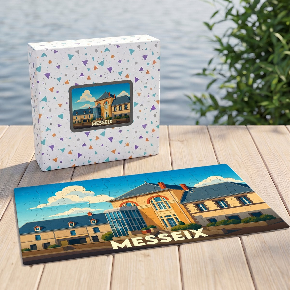Puzzle souvenir de la ville de Messeix avec une illustration stylisée d'un bâtiment emblématique.
