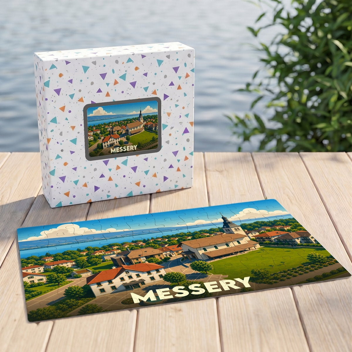 Puzzle souvenir de la ville de Messery avec une illustration stylisée de son paysage urbain et de son église.