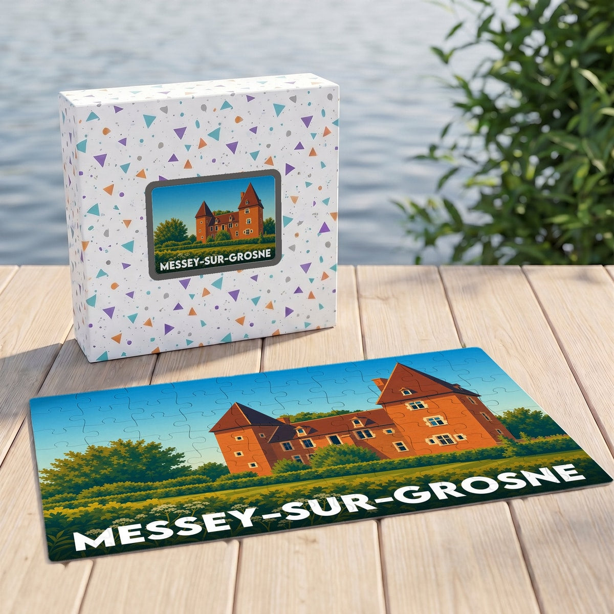 Puzzle souvenir de la ville de Messey-sur-Grosne avec une illustration stylisée de son château.