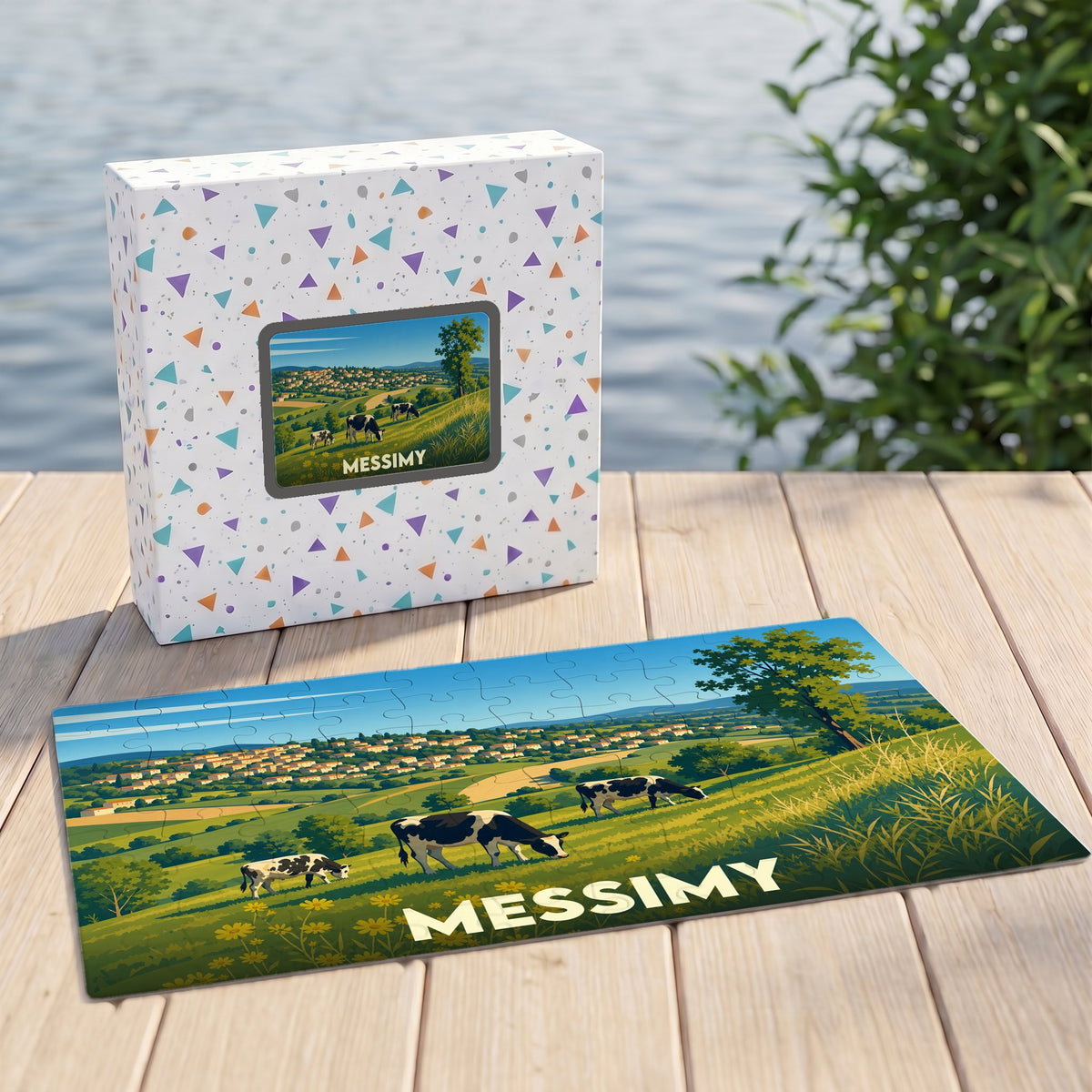 Puzzle souvenir de la ville de Messimy illustrant un paysage de campagne avec des vaches.