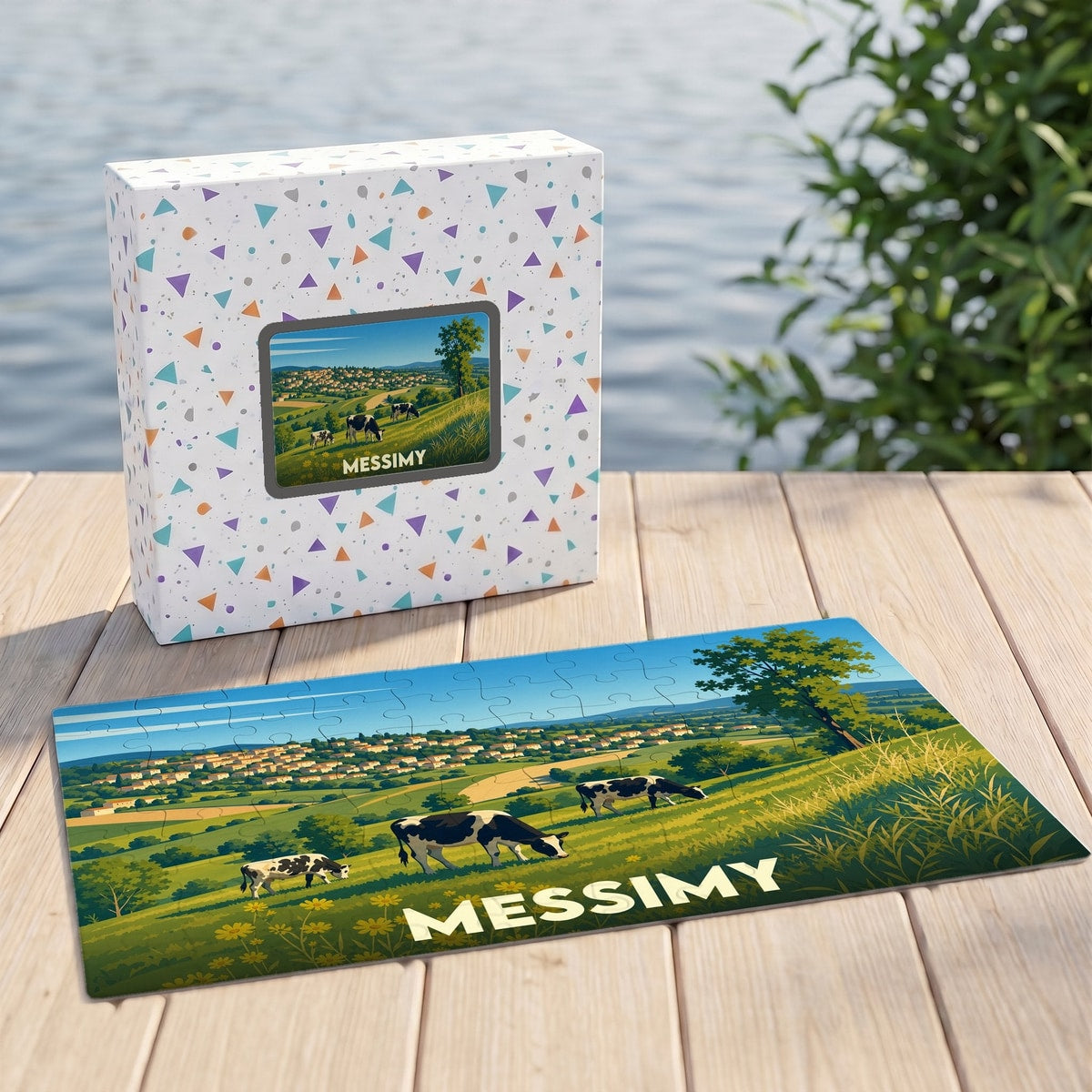 Puzzle souvenir de la ville de Messimy illustrant un paysage de campagne avec des vaches.