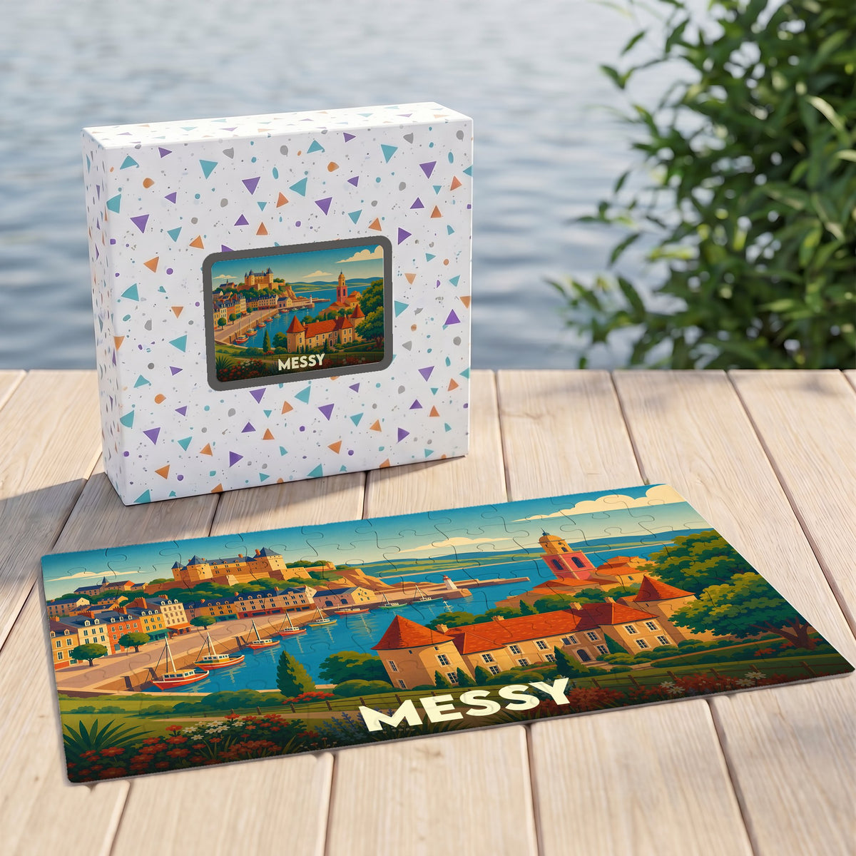 Puzzle souvenir de la ville de Messy avec une illustration stylisée d'un paysage côtier.