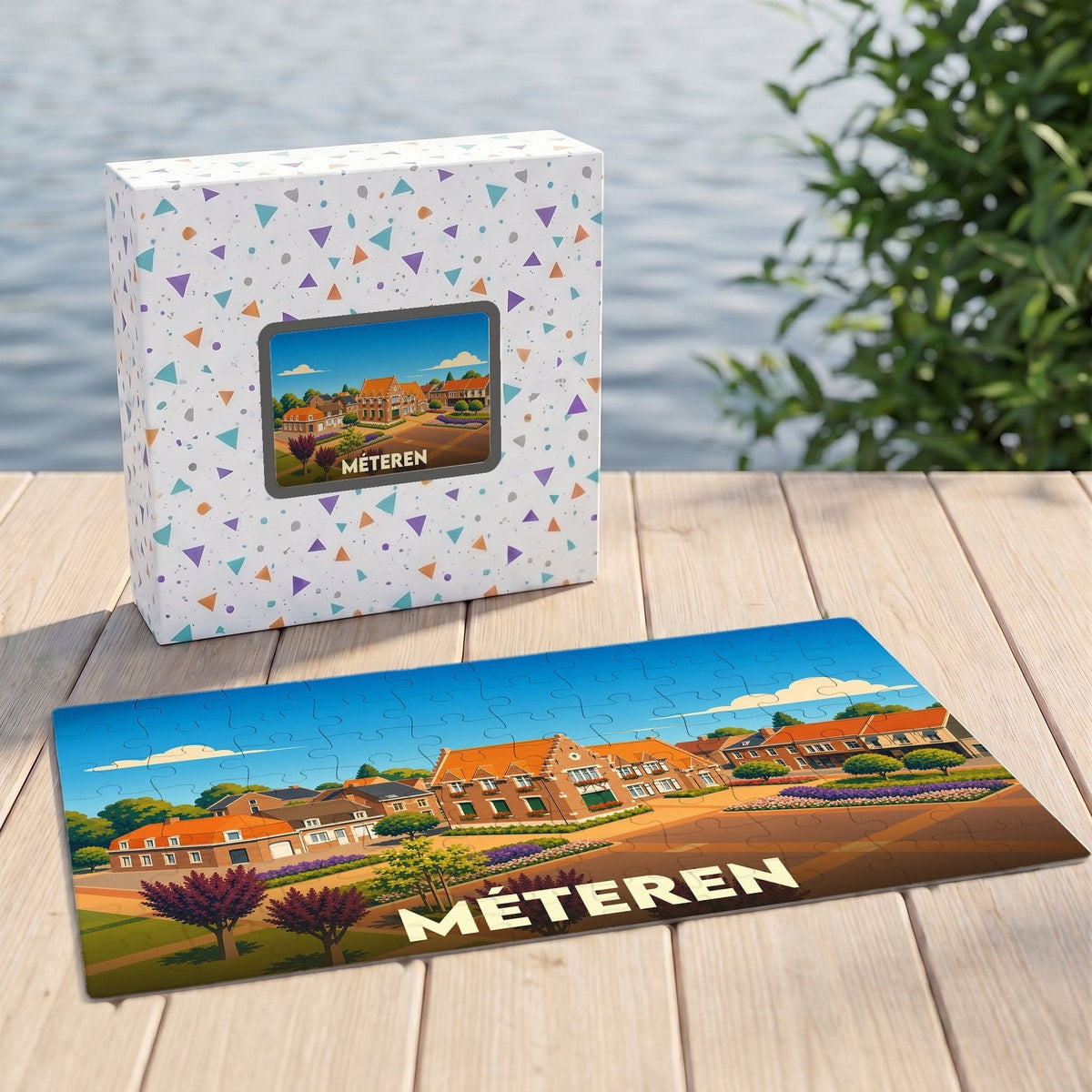 Puzzle souvenir de la ville de Méteren avec une illustration stylisée et colorée.