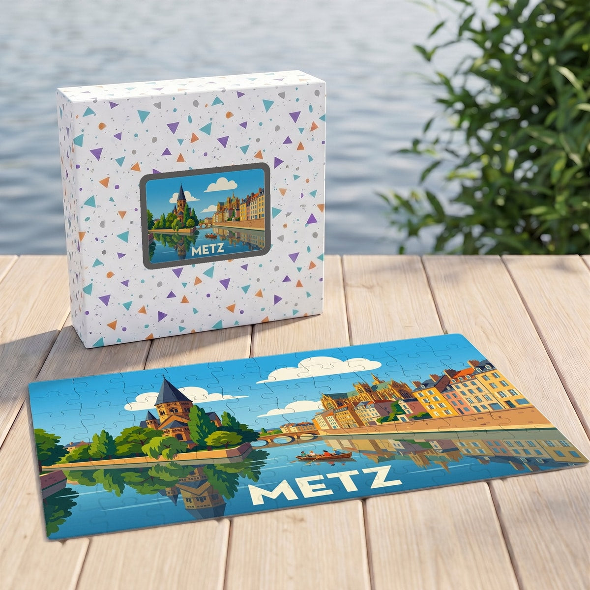 Puzzle souvenir de la ville de Metz avec une illustration stylisée de ses monuments au bord de l'eau.