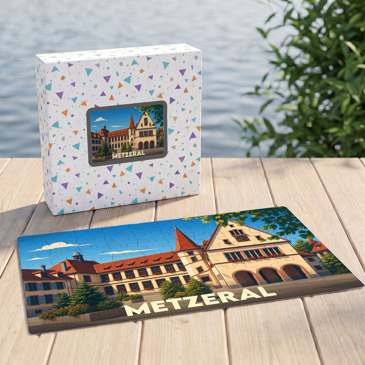 Puzzle souvenir de la ville de Metzeral avec une illustration stylisée d'un bâtiment historique.
