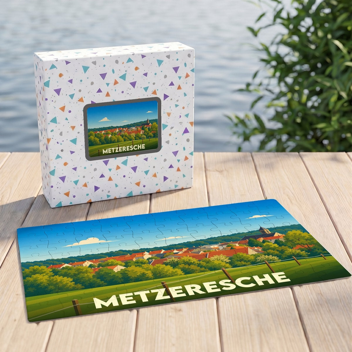Puzzle souvenir de la commune de Metzeresche avec une illustration stylisée de ses paysages.