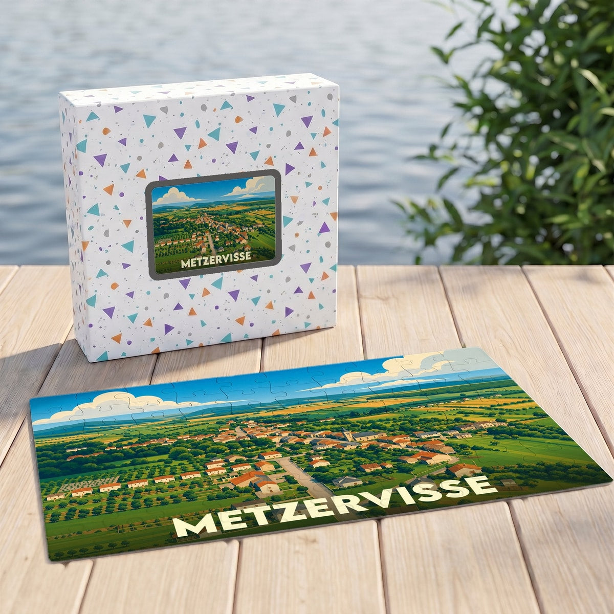 Puzzle souvenir de la ville de Metzervisse avec une illustration paysagère stylisée.