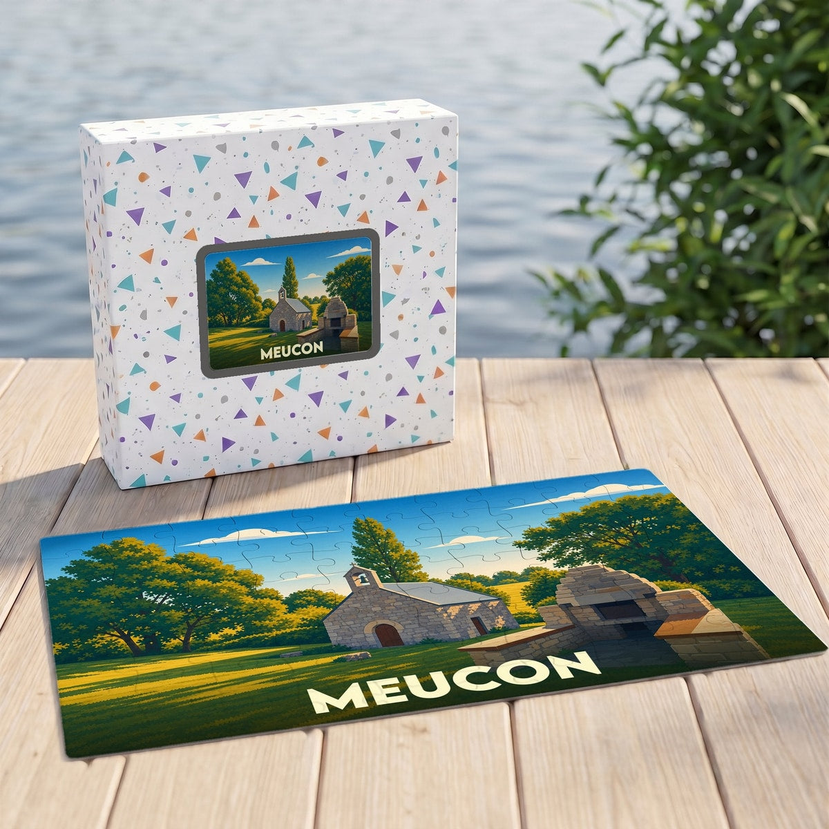 Puzzle souvenir de la ville de Meucon avec une illustration stylisée d'un paysage champêtre.