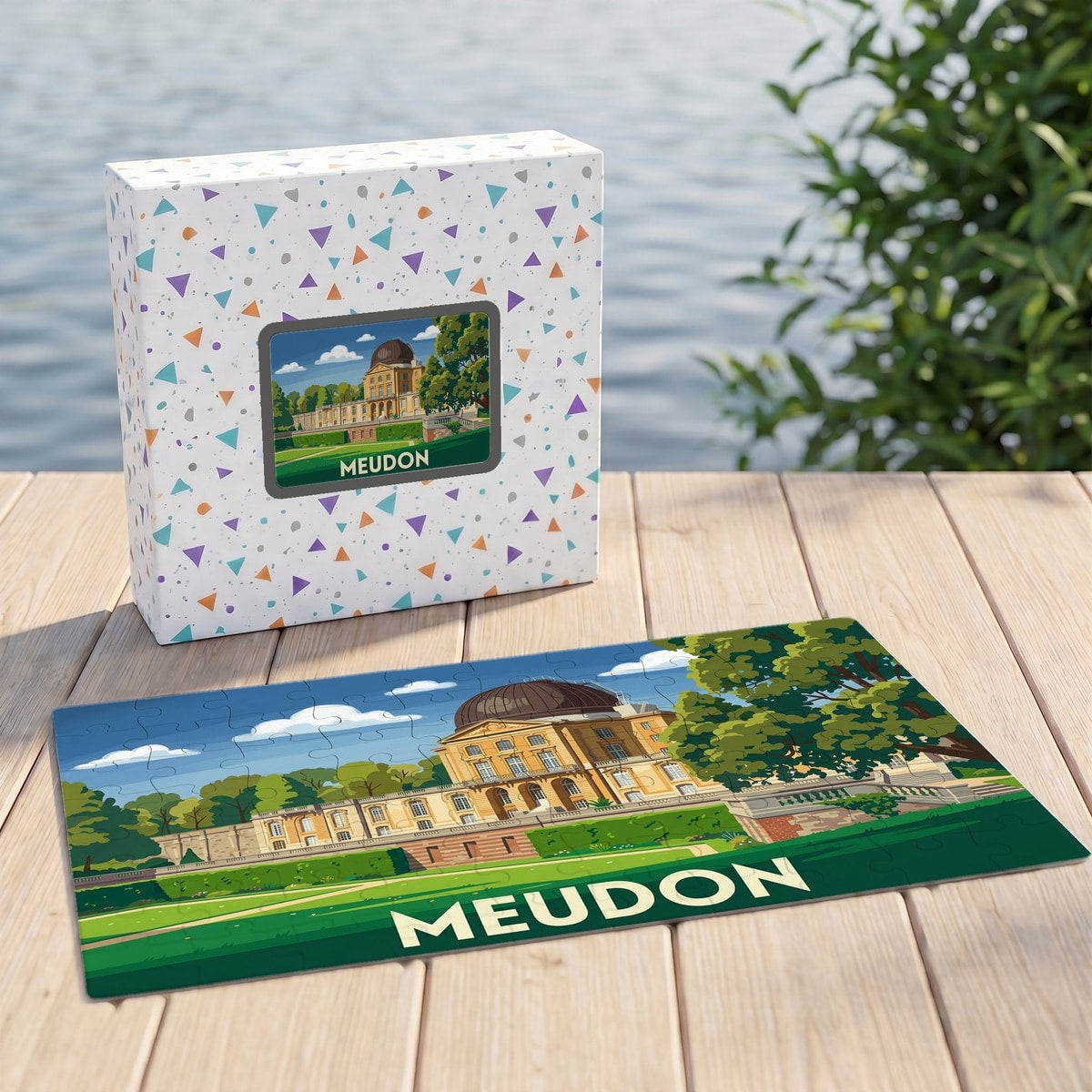 Puzzle souvenir de la ville de Meudon avec une illustration stylisée de son observatoire.