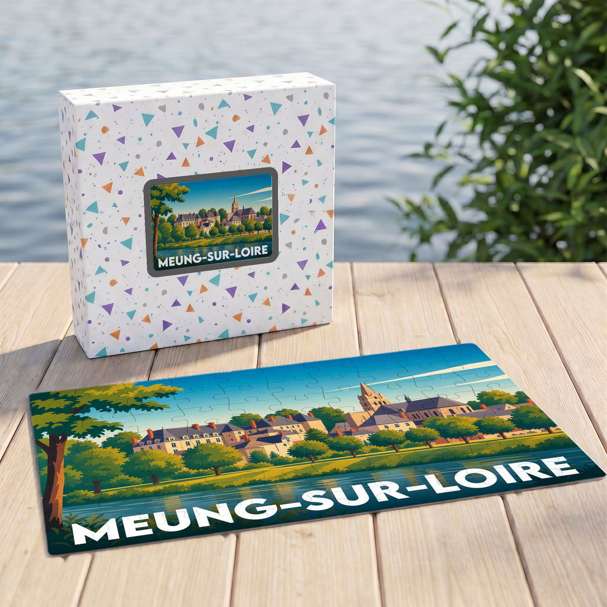 Puzzle souvenir de la ville de Meung-sur-Loire avec une illustration stylisée et colorée.