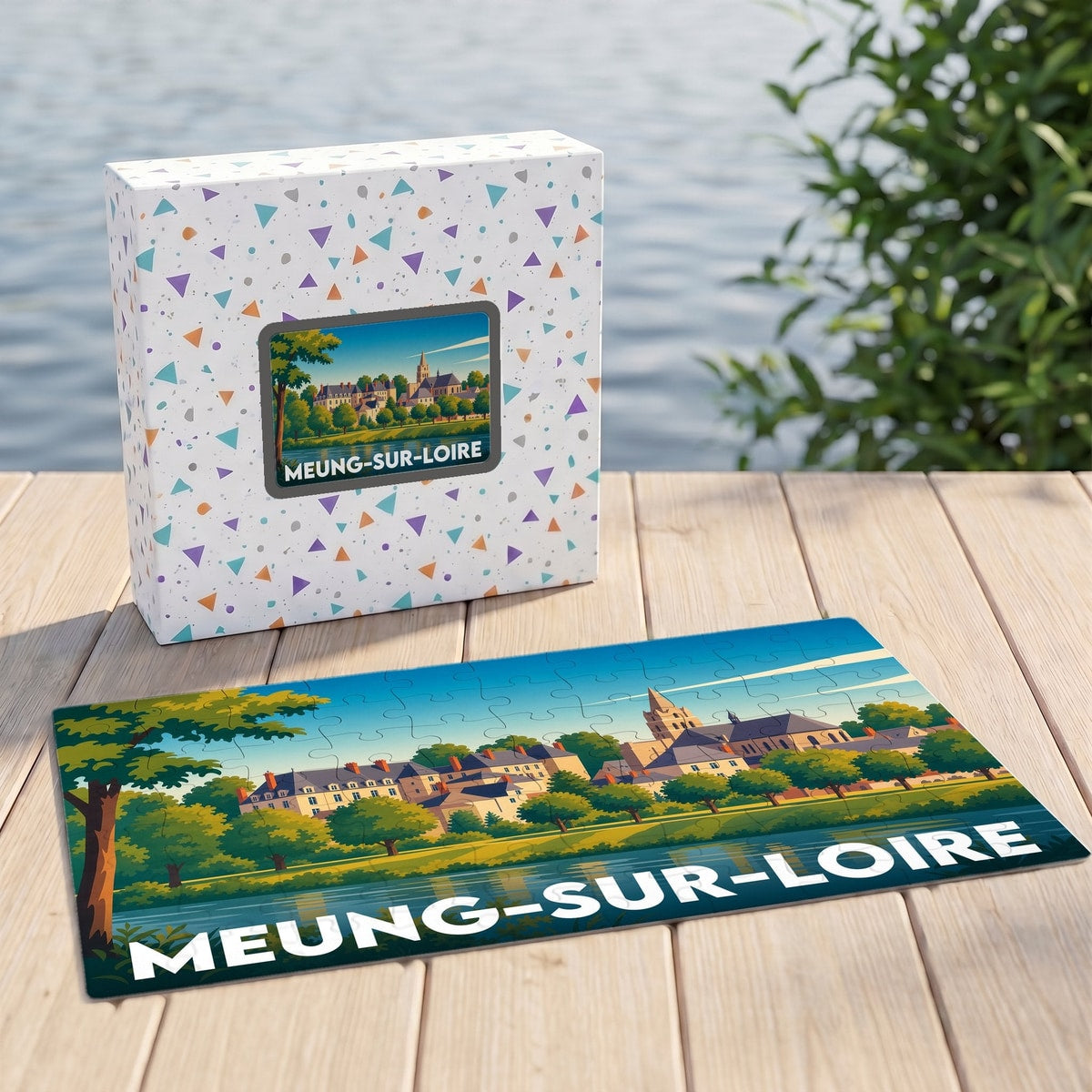 Puzzle souvenir de la ville de Meung-sur-Loire avec une illustration stylisée et colorée.