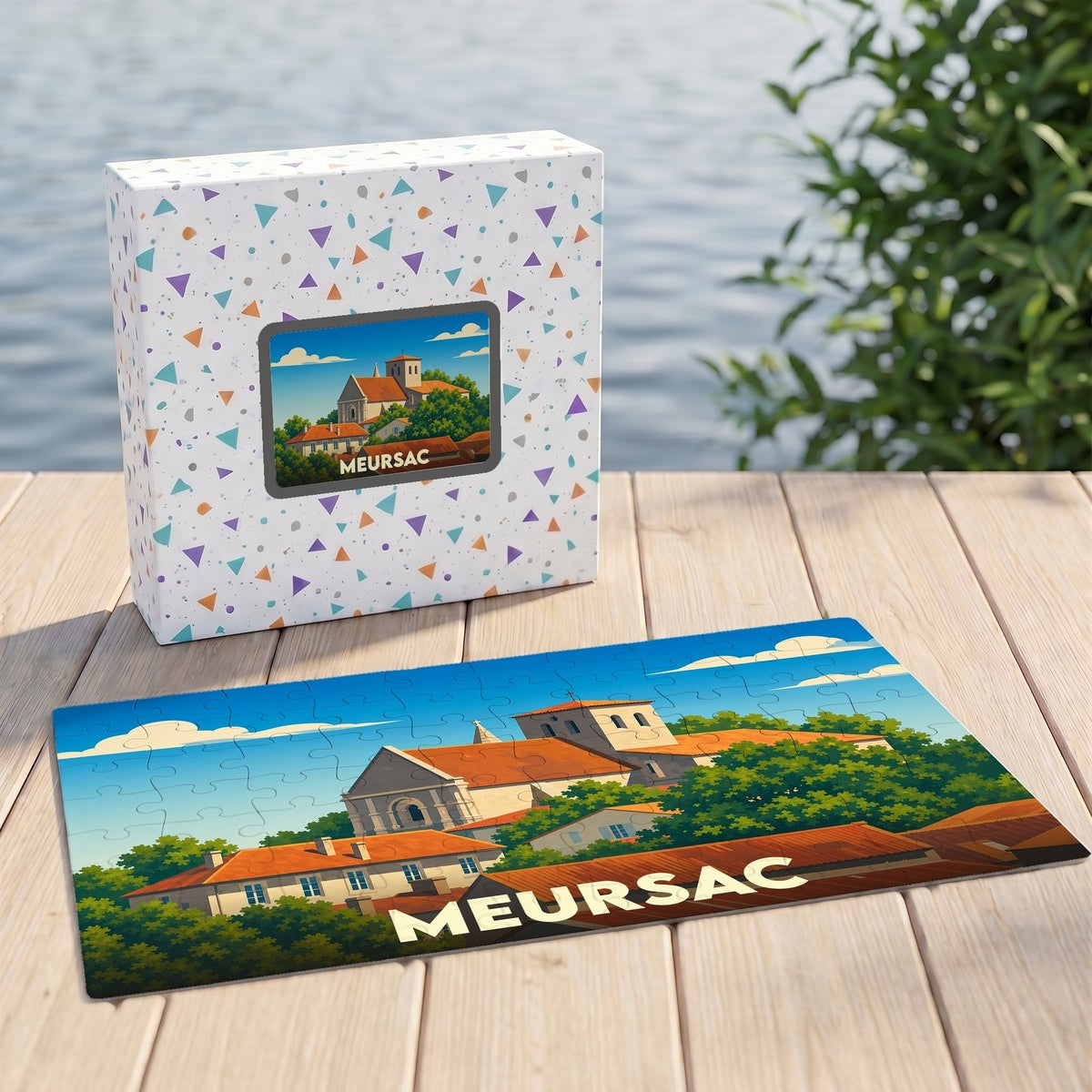 Puzzle souvenir de la ville de Meursac avec une illustration stylisée et colorée.