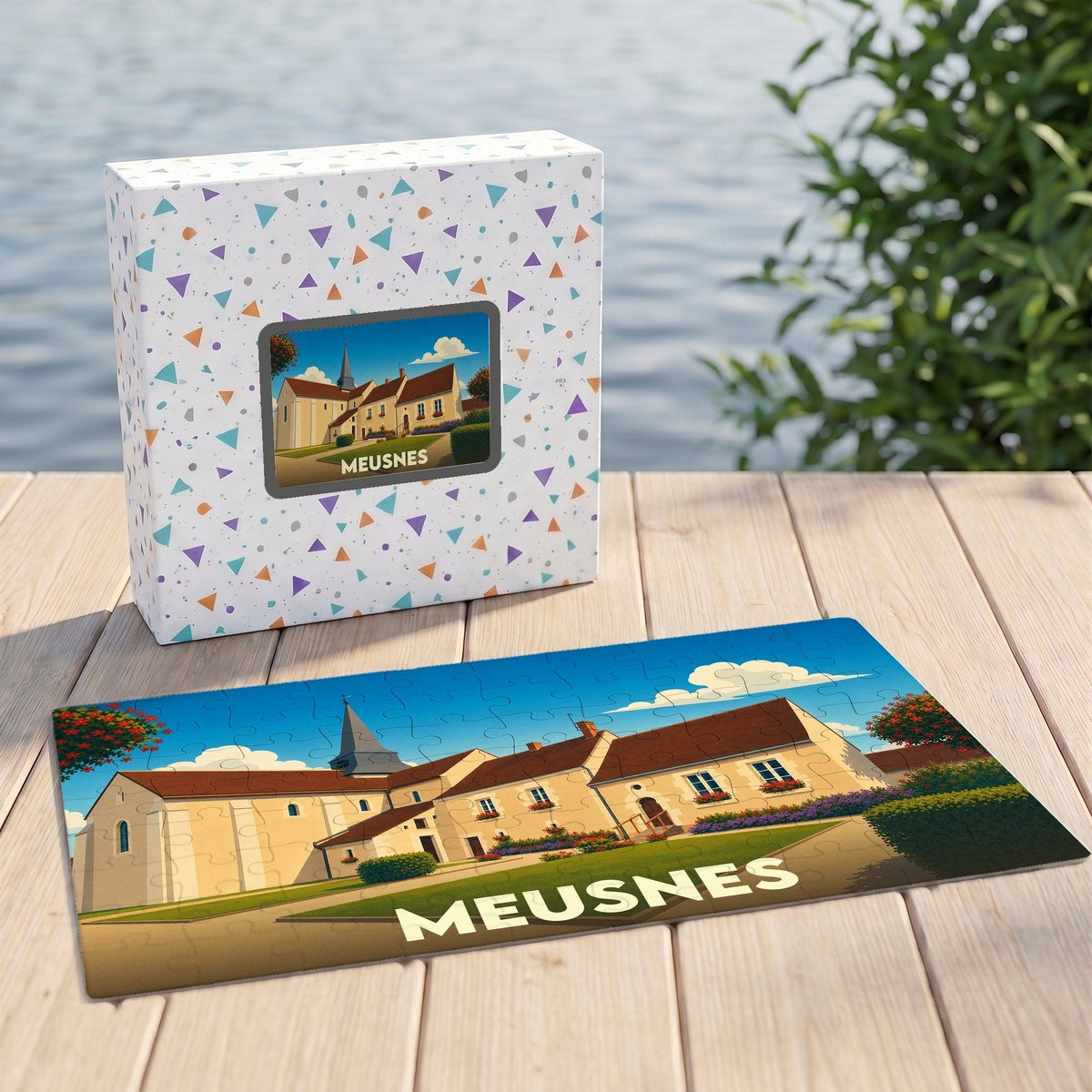 Puzzle souvenir de la ville de Meusnes avec une illustration stylisée de son église et ses maisons.