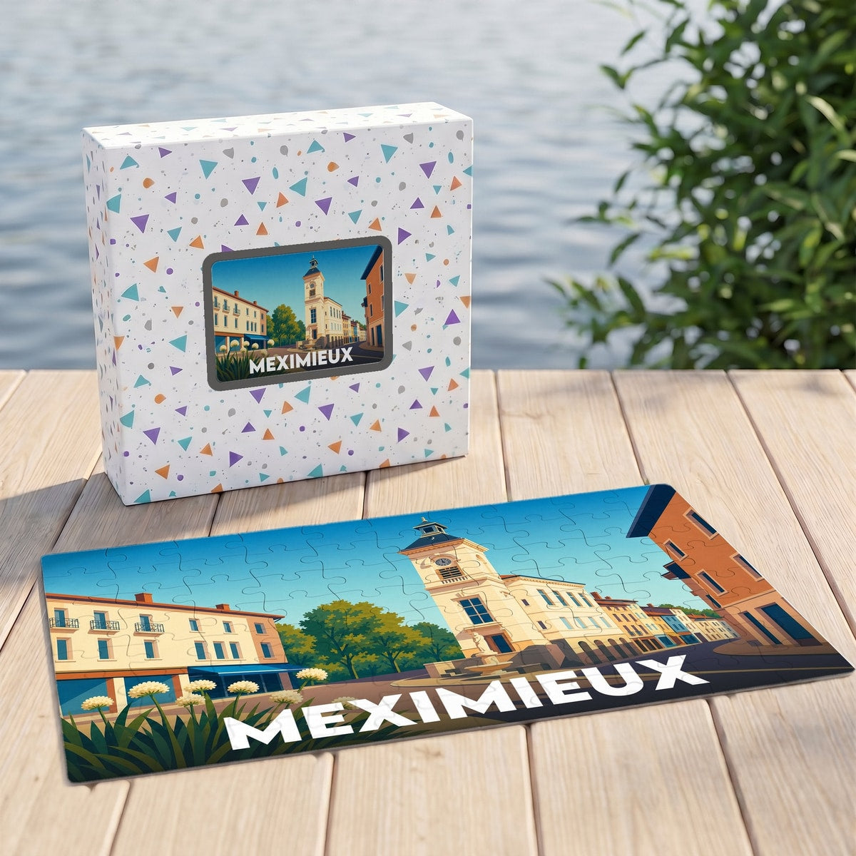 Puzzle souvenir de la ville de Meximieux avec une illustration stylisée.