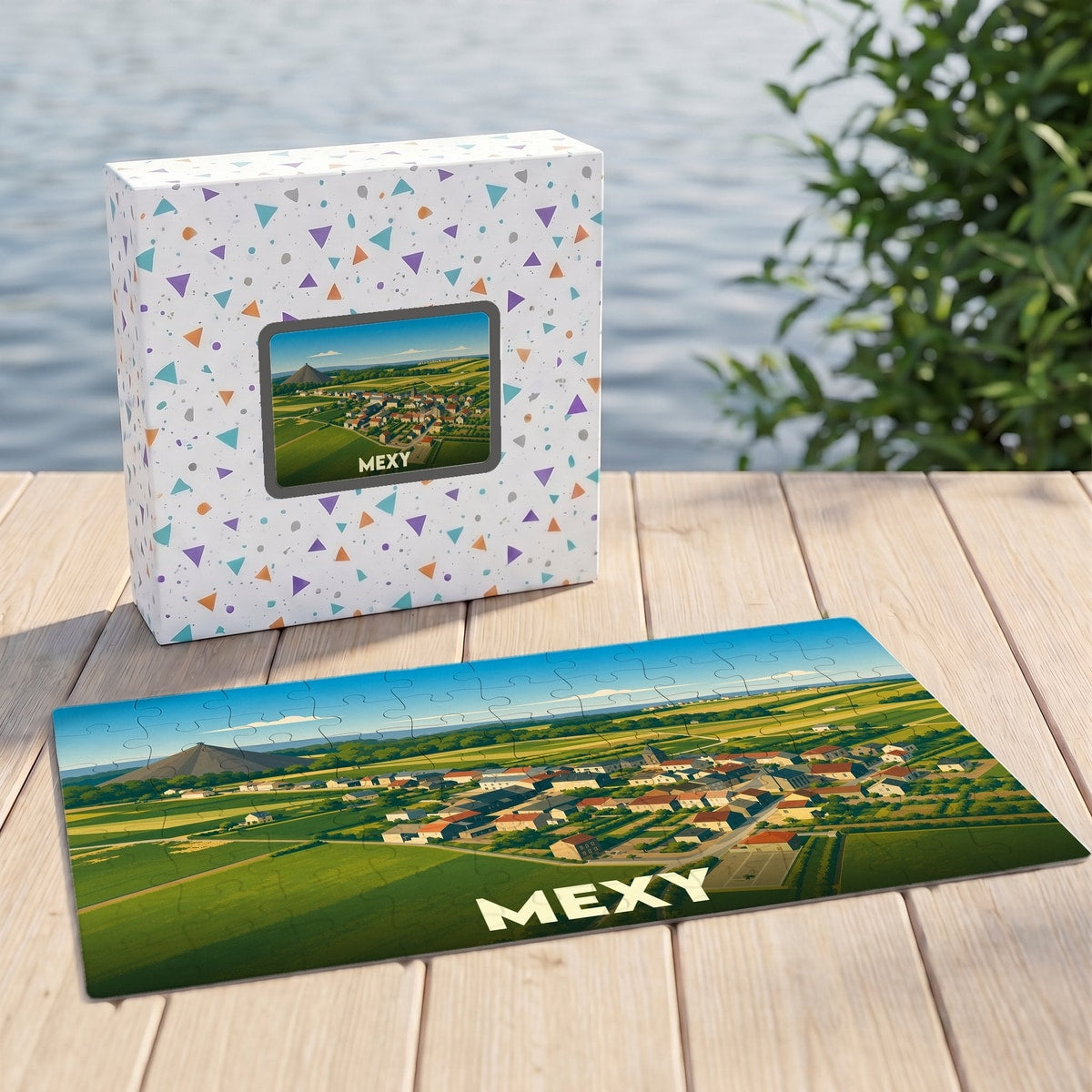 Puzzle souvenir de la ville de Mexy présentant une vue panoramique illustrée de la commune.