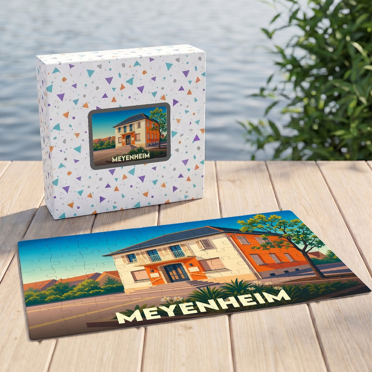 Puzzle souvenir de la ville de Meyenheim avec une illustration stylisée de sa mairie.