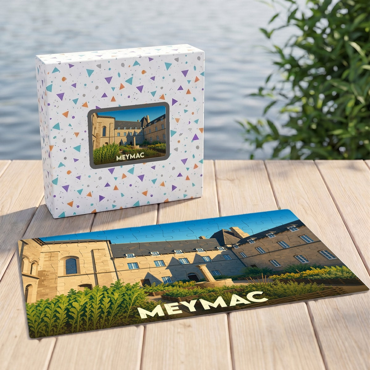 Puzzle souvenir de la ville de Meymac avec une illustration stylisée de son patrimoine architectural.