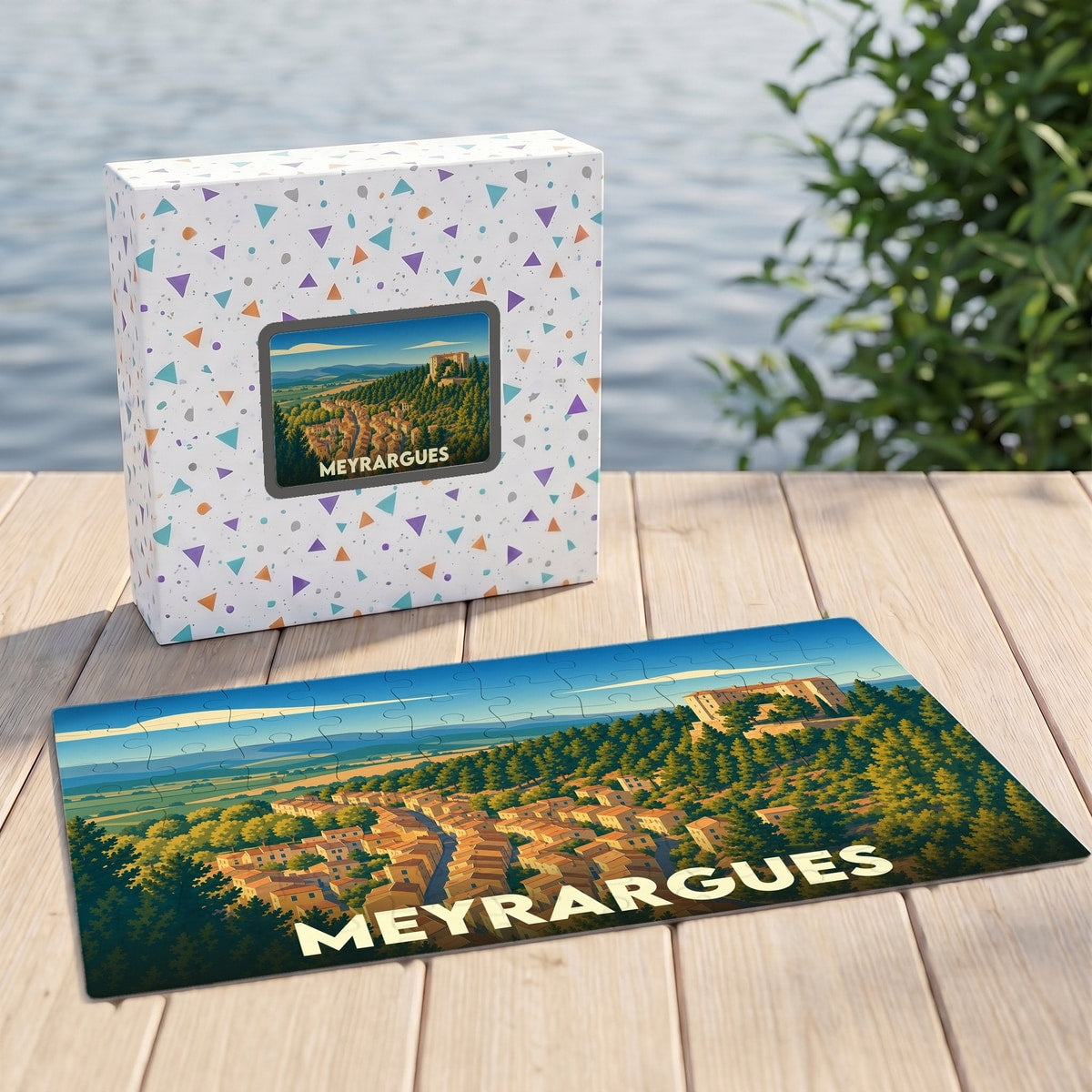 Puzzle souvenir de la ville de Meyrargues avec une illustration stylisée d'un paysage provençal.
