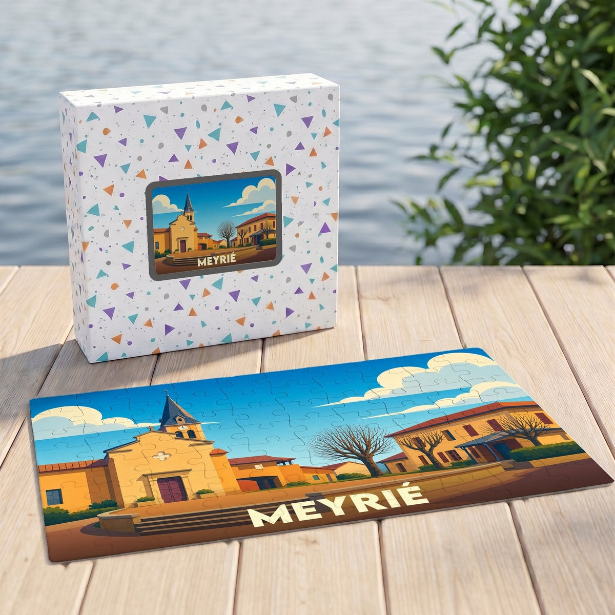 Puzzle souvenir de la ville de Meyrié avec une illustration stylisée et colorée.