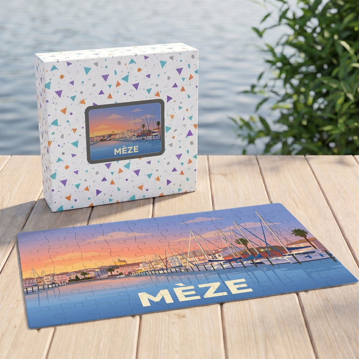 Puzzle souvenir de la ville de Mèze avec une illustration stylisée de son port au coucher du soleil.